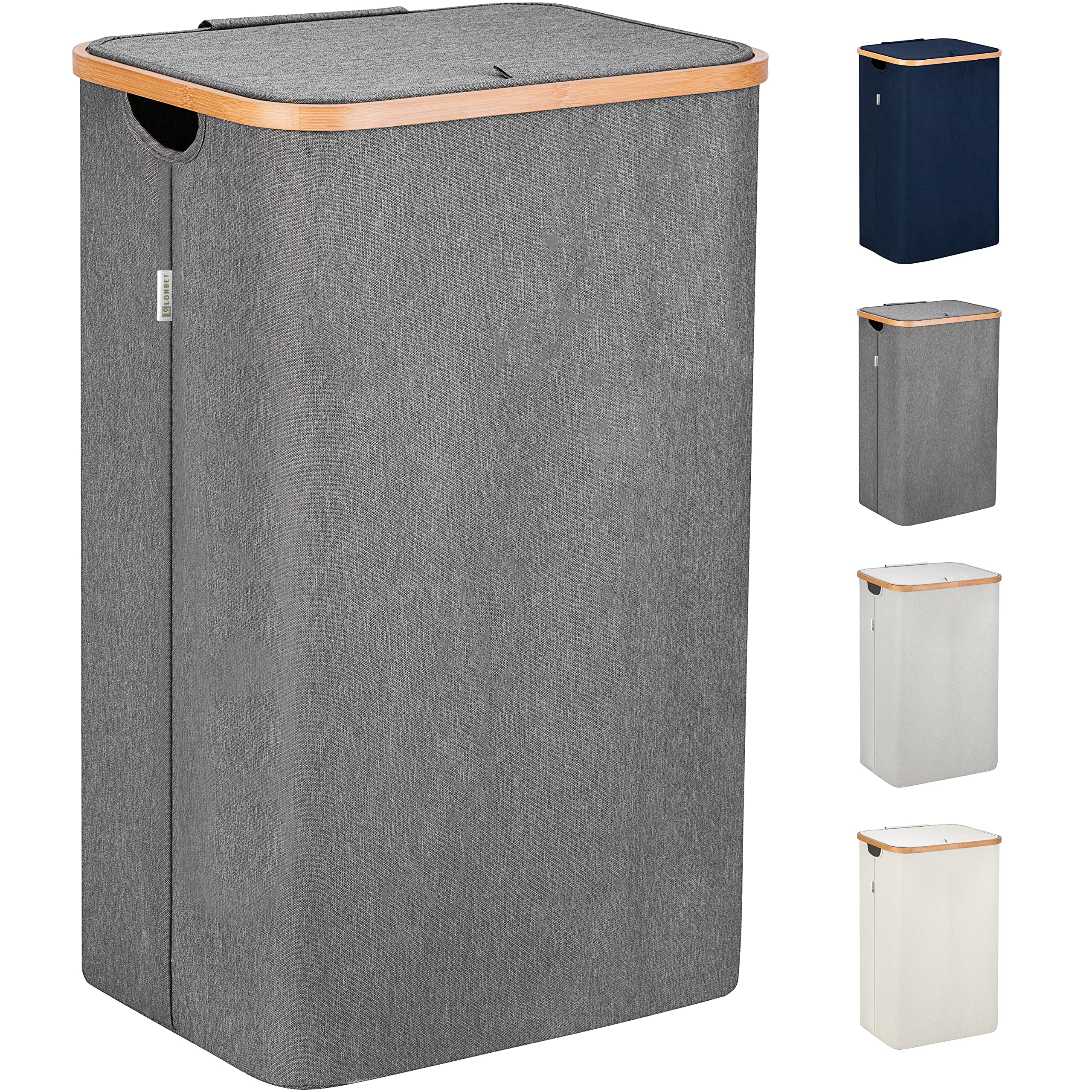 LONBET 100L Laundry Basket with Lid and Sturdy Bamboo Frame - Aesthetic Laundry Hamper with Side Handles and Made from Breathable Fabric - Laundry Bin with Removable Bag, Clothes Basket Grey
