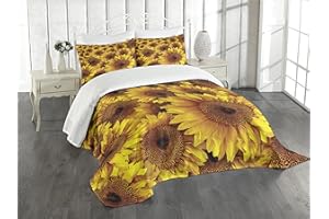 Lunarable Sunflower Bedspread, Vintage Rustic Grunge Sunflowers Field Blooms Botanical Natural Petals, Decorative Quilted 3 Piece Coverlet Set with 2 Pillow Shams, King Size, Yellow Ginger
