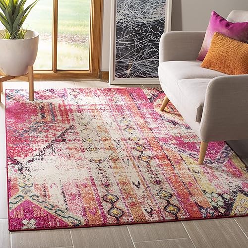 Safavieh Monaco Collection MNC222D Boho Chic Tribal Distressed Non-Shedding Stain Resistant Living Room Bedroom Area Rug, 3' x 5', Magenta / Multi