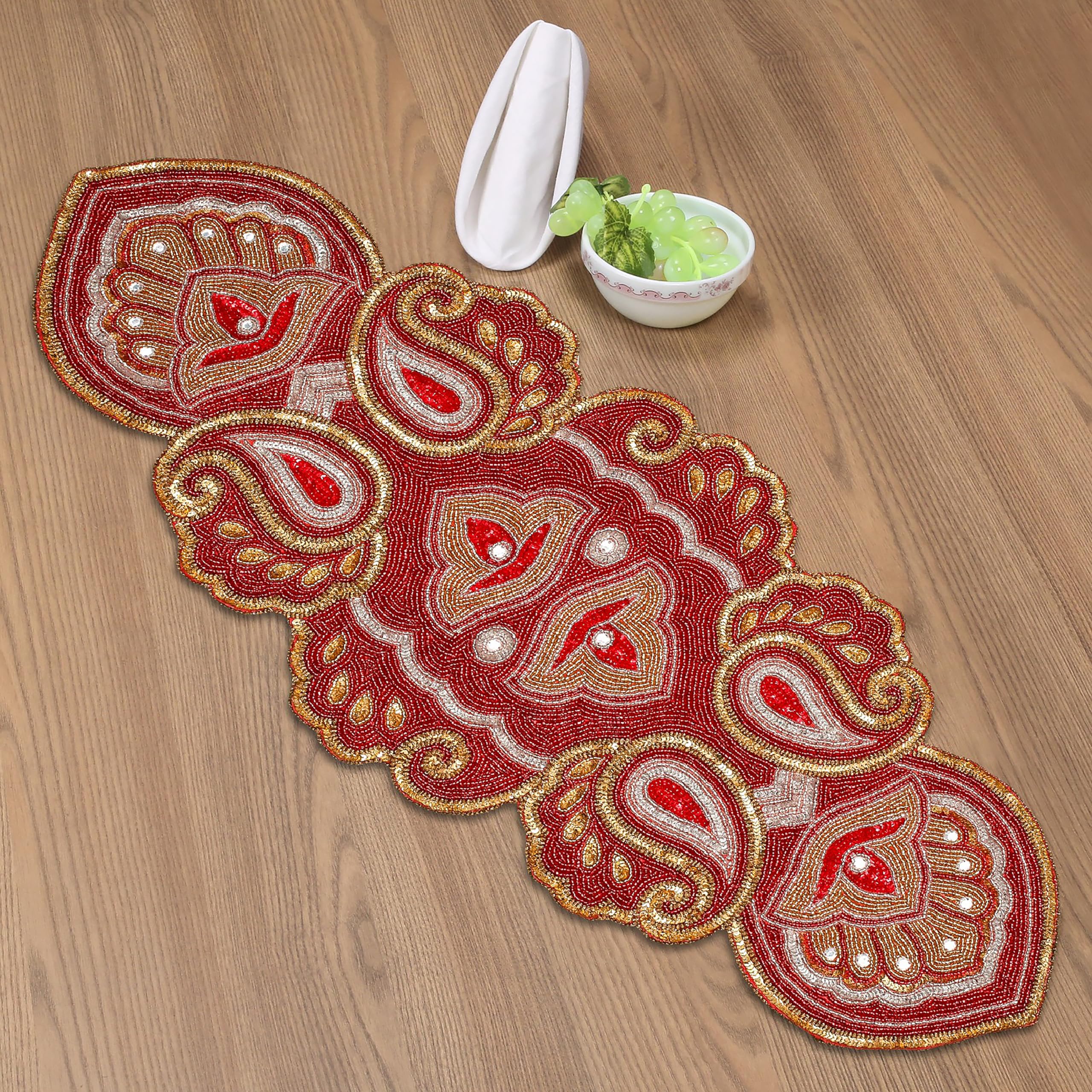 Hand Beaded Table Runner, Glitz Table Runner, Decorative Beaded Table Runner, Farmhouse Table Runner, A Beautiful Complement to Your Dinner Table Décor - 13x36 Inch (31x91 Cms) - Maroon Gold