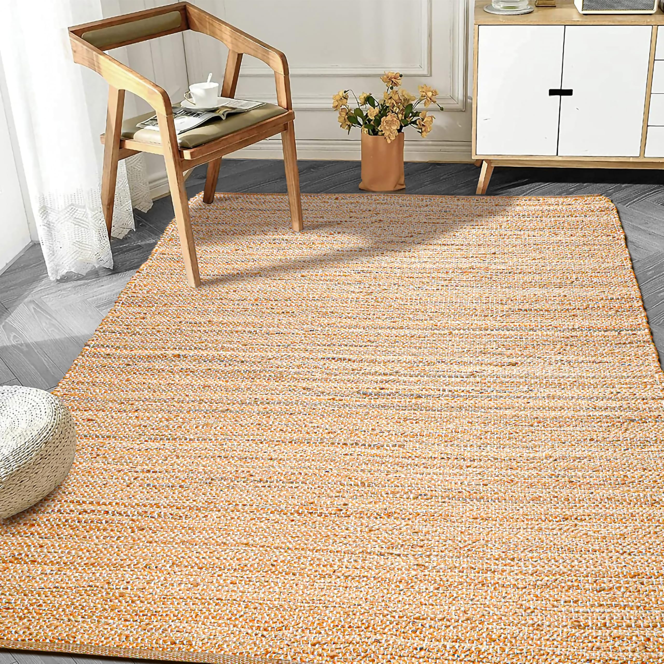 Photo 1 of Hausattire Jute Woven Area Rug 5'x8' - Natural, Hand Braided Large Farmhouse Rugs for Living Room, Dining, Kitchen | Boho Rustic Indoor Outdoor Carpet for Bedroom, Patio - 60x96 Inches