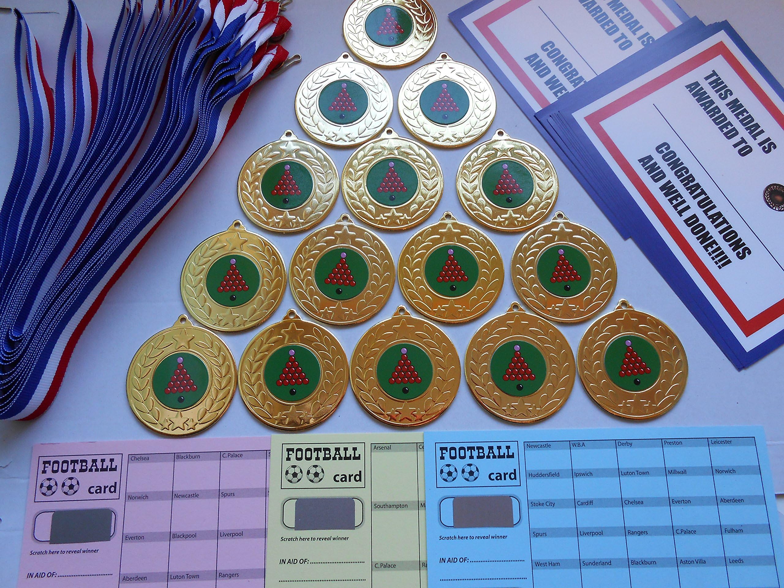 cd fundraising SNOOKER TROPHY MEDALS 50MM METAL WITH RIBBON/CERTICATES/SCRATCH CARDS = SET OF 15