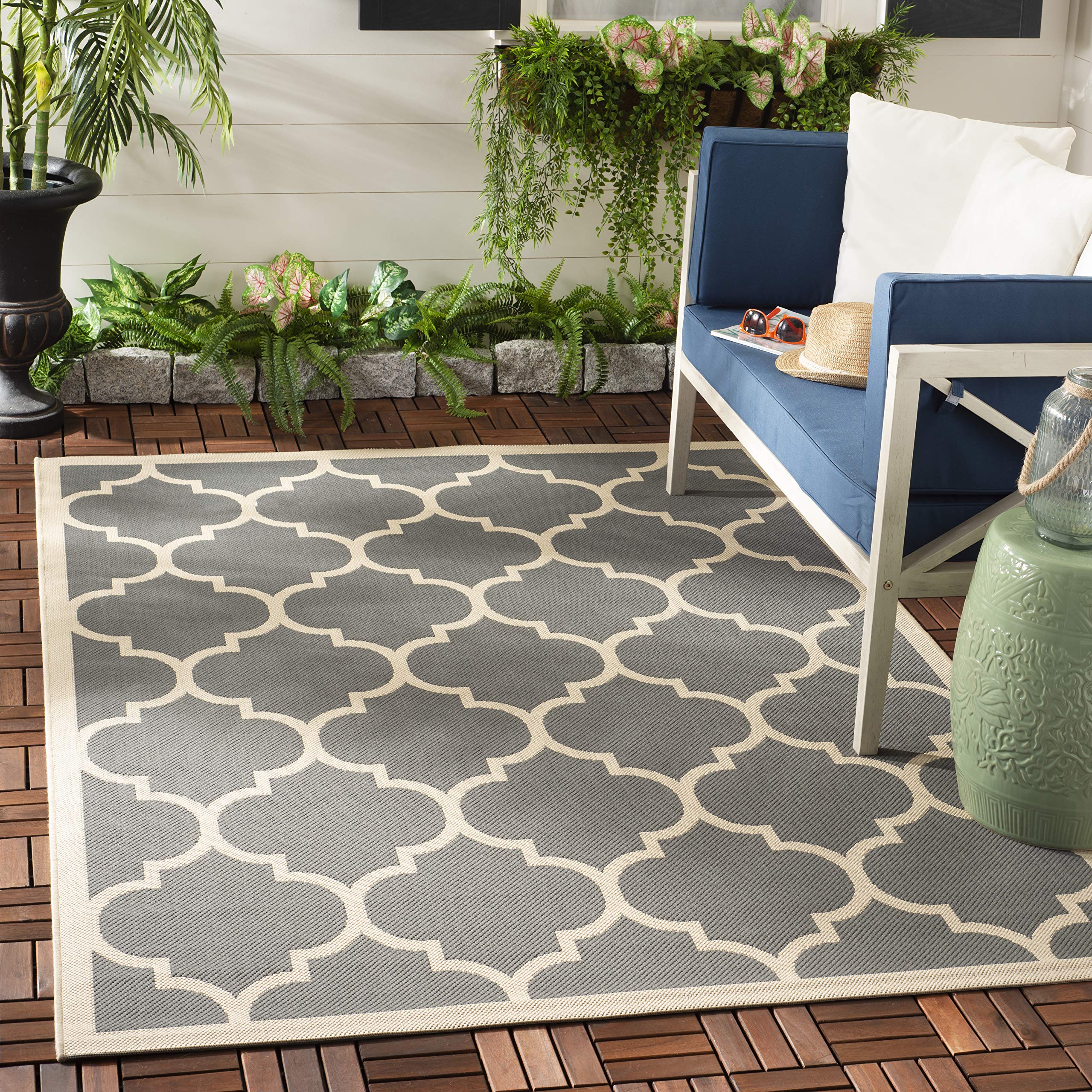 Safavieh Trellis Indoor/Outdoor Woven Rectangle Area Rug, Courtyard Collection, CY6914, in Anthracite / Beige, 79 X 152 cm for Garden, Patio or Any Outdoor Space