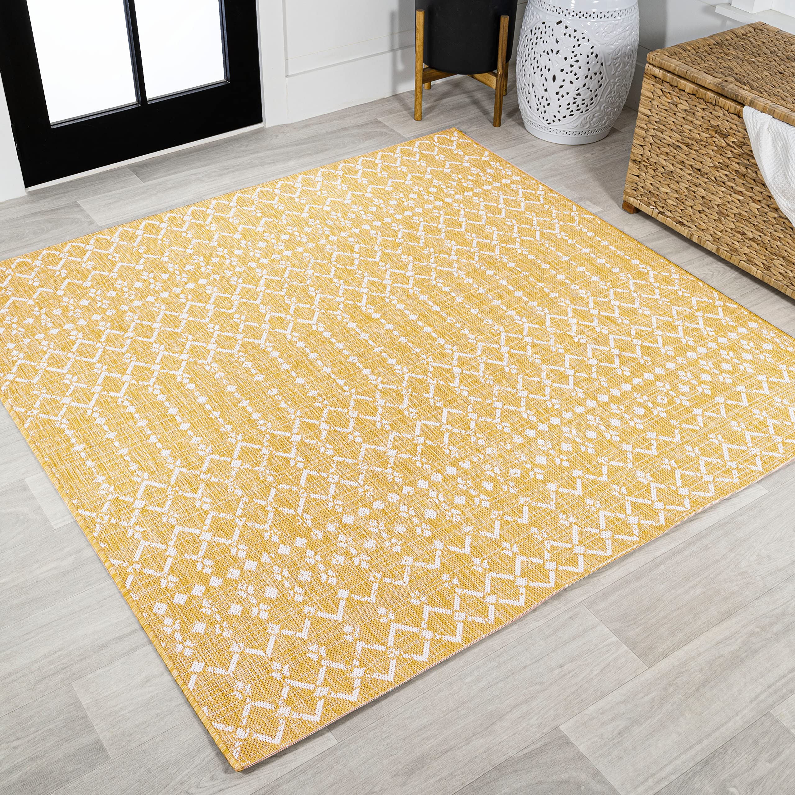 Photo 1 of ***(HEAVILY USED/ MINOR DAMAGE)***JONATHAN Y Moroccan Geometric Indoor Outdoor Square Area Rug 5X5 Yellow/Cream, Ourika Textured Weave for Backyard, Patio, Porch, Easy-Cleaning, High Traffic, Pet-Friendly, Non-Shedding (SMB108G-5SQ)