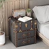 Aoikax Vintage Storage Chest with Buckle Hinged Top, Linen Accent End Side Table for Living Room, Office, Bedroom, Rectangle,