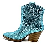 Women's Rhinestone Block Heel Ankle Boots River-01