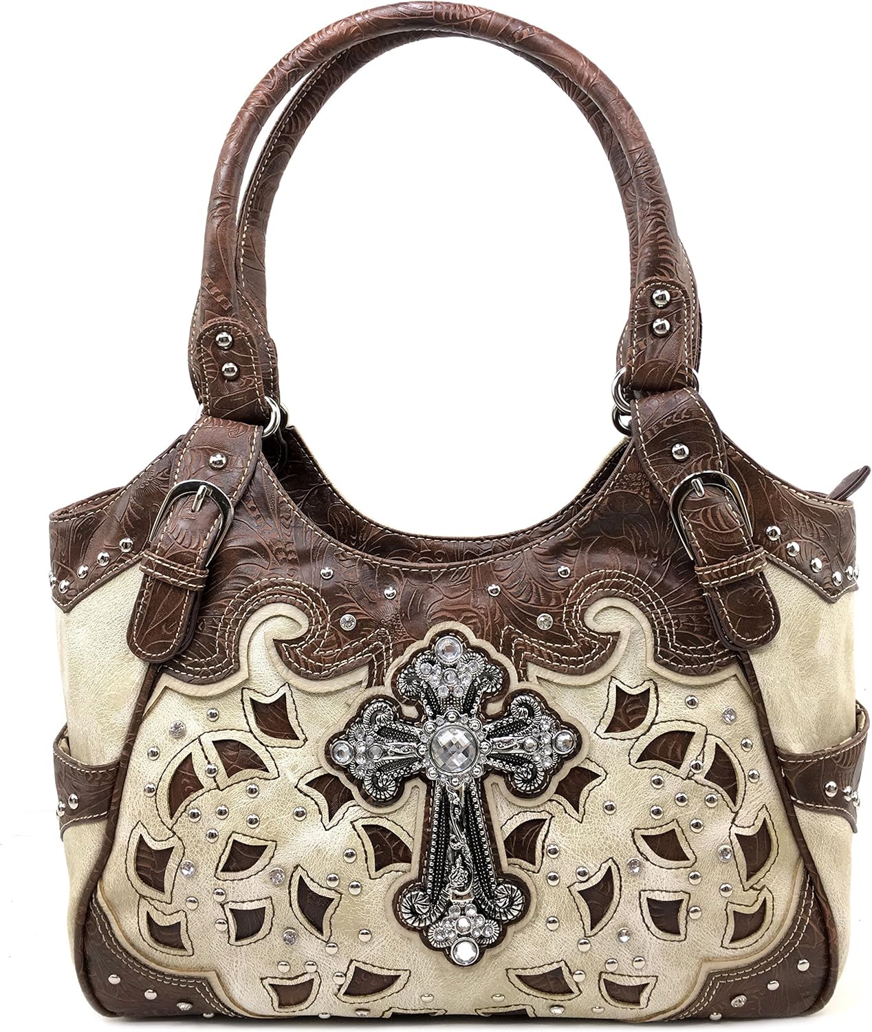Justin West Tooled Leather Laser Cut Rhinestone Concho Studded Shoulder Concealed