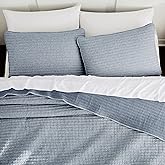 WDCOZY Chambray Pick Stitch Queen Size Quilt Set, Denim Blue Striped Lightweight Soft Summer Spring Bedspread, Bamboo Linen Like Textured Coverlet, Farmhouse Country Rustic Bedding, Thin Comforter