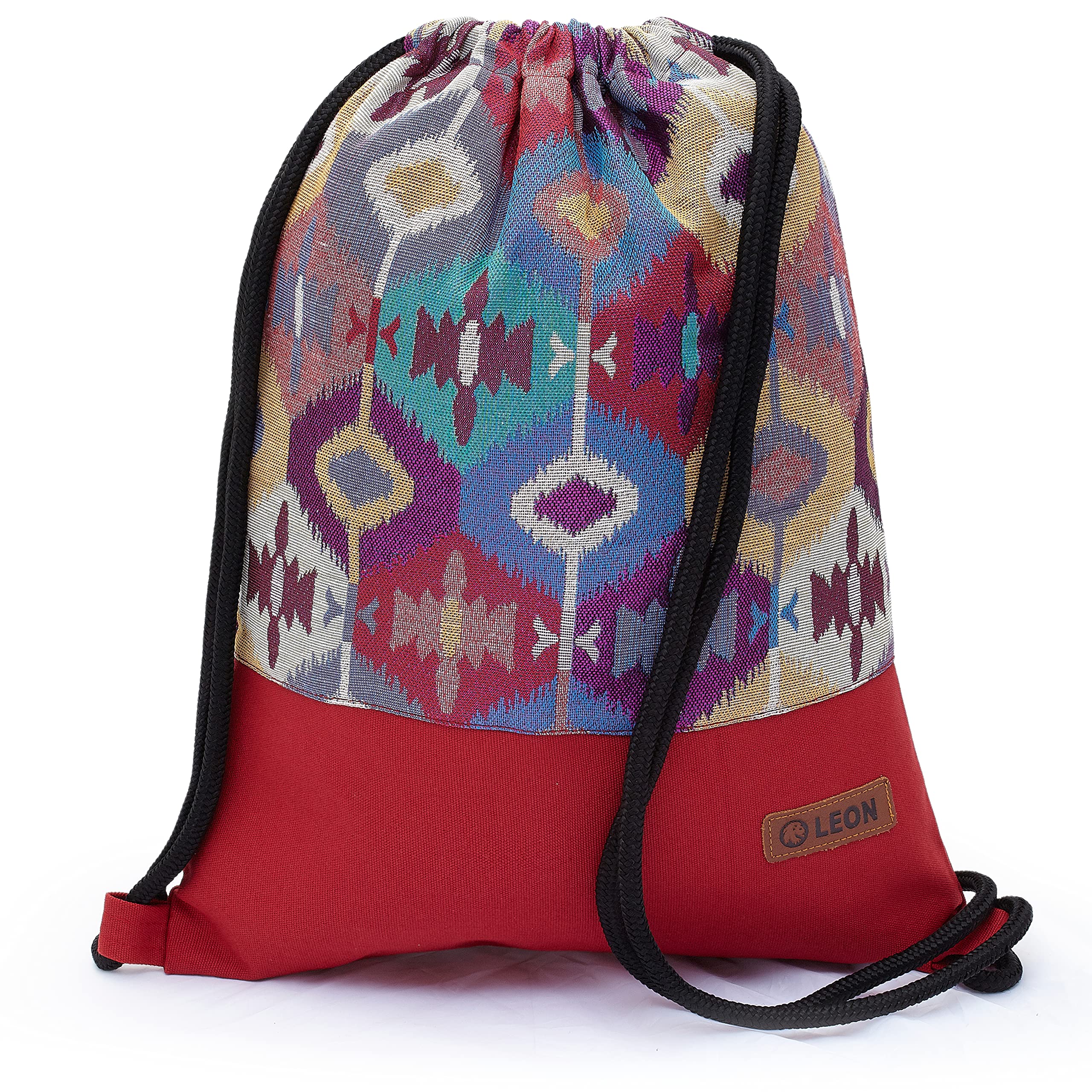 By Bers Leon Gym Bag with Inner Pockets Zip Backpack Bag Women Men Gym Bag Draw String, Boho 001red