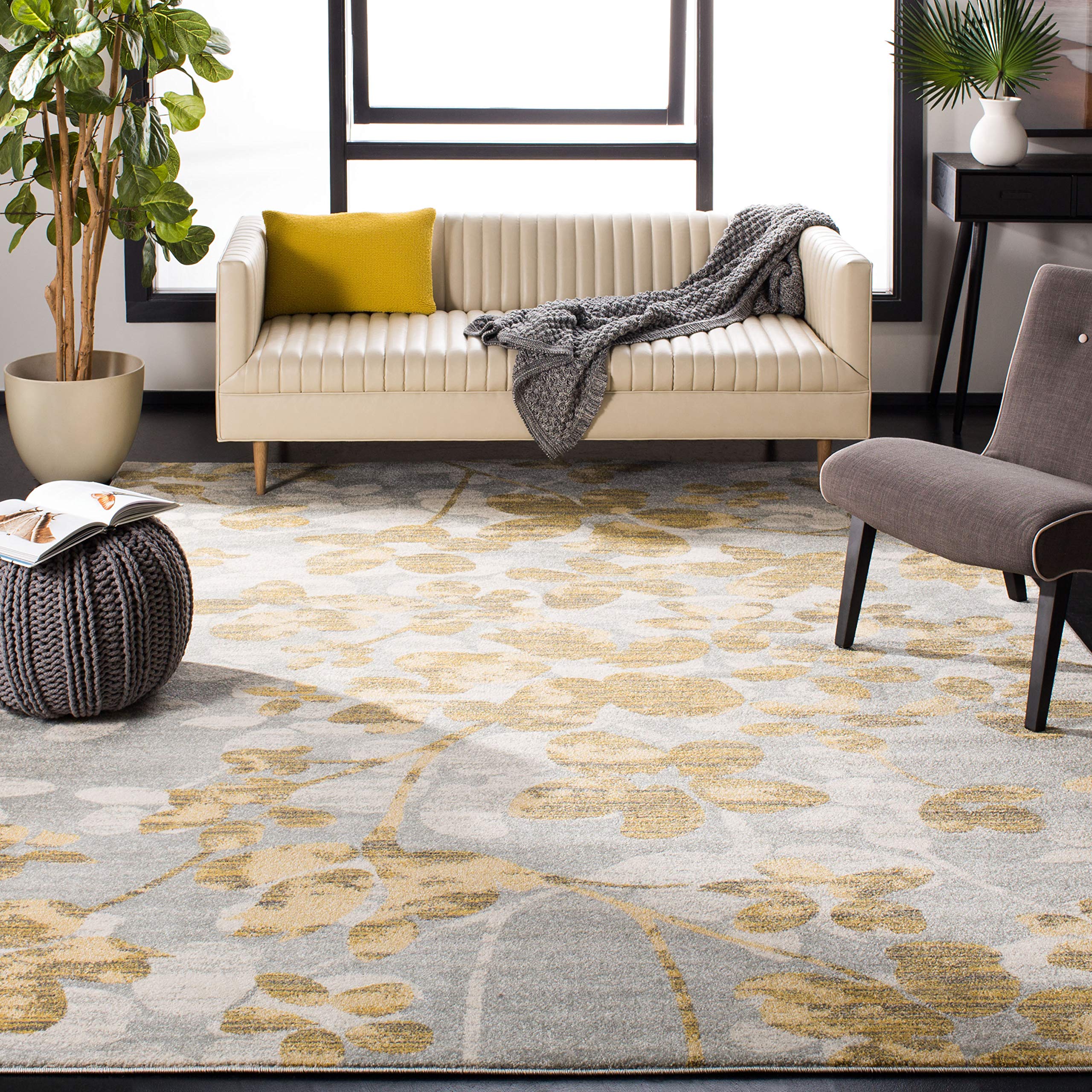 SAFAVIEH Evoke Collection Area Rug - 10' x 14', Grey & Gold, Floral Design, Non-Shedding & Easy Care, Ideal for High Traffic Areas in Living Room, Bedroom (EVK236P) Image