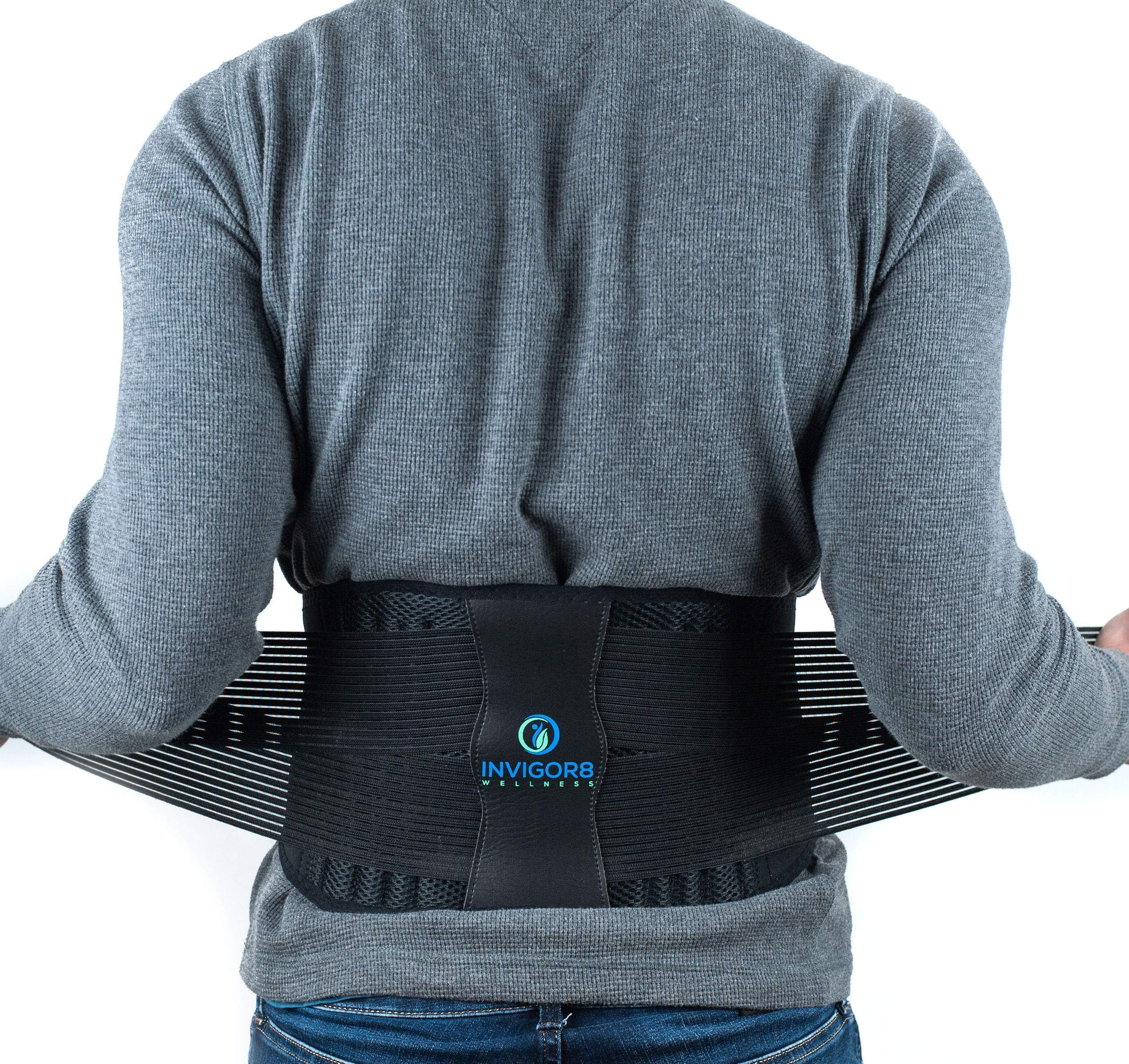 Invigor8 Wellness Back Brace + Reusable Hot/Cold Gel Pack. Strong & Effective Lower Back Support. Stabilise & Support The Back. Effective Back Pain Relief and Injury Avoidance. (L)