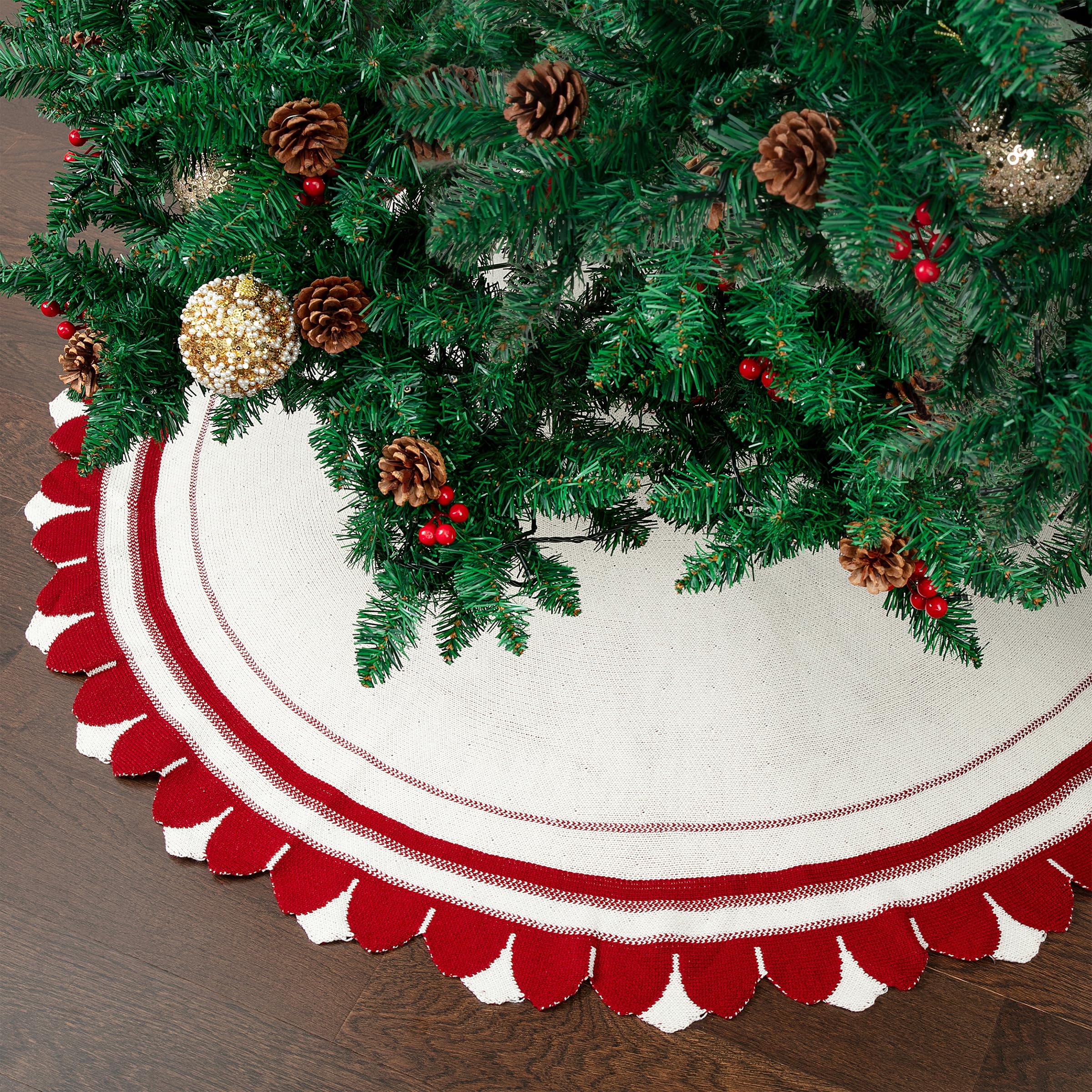 View 1 of **FOR SMALL TREE** Mr. Pen- Knitted Christmas Tree Skirt 24 inches, Red & White, Small Christmas Skirts for Xmas Trees SMALL SIZE