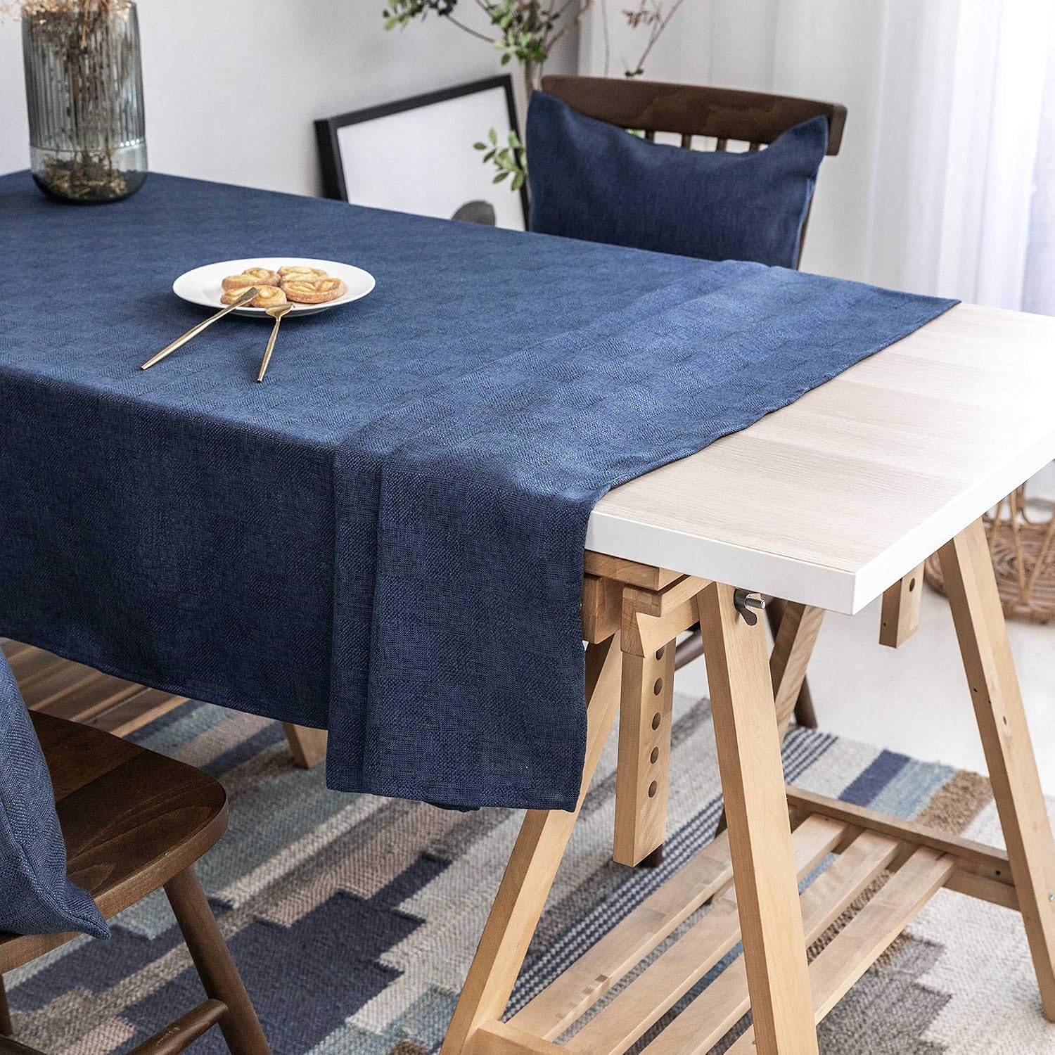 Home Brilliant Rectangular Table Cloth Polyester Stain Resistant Checker Table Covers for Parties Table Cloths for Dining Table, 52 x 86 Inch, Navy Blue: Kitchen & Dining