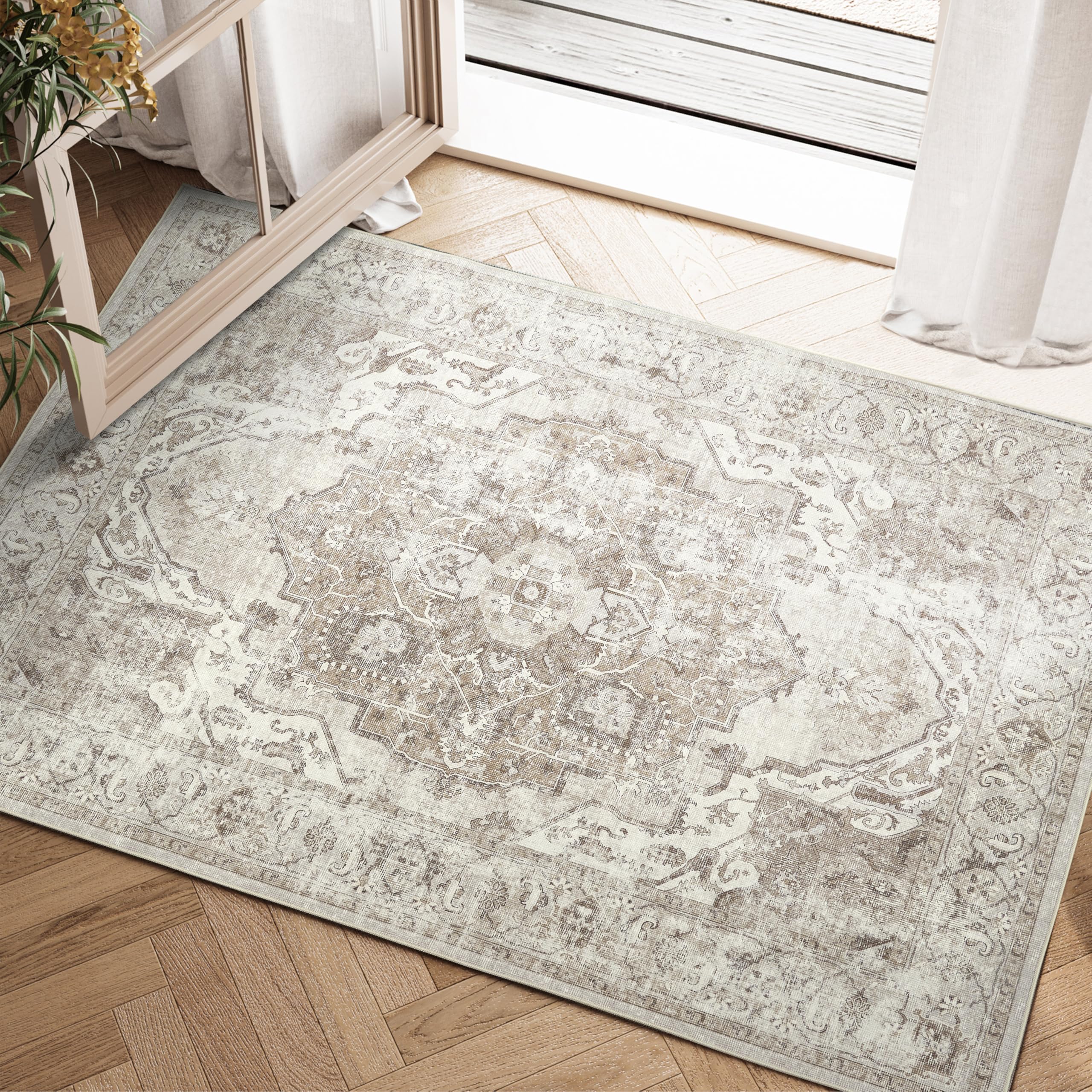 TOPICK Door mat Washable 60x90cm Taupe Entryway Doormat Indoor Vintage Print Thin Small Rug Lightweight Non Slip Carpet for Kitchen Bathroom