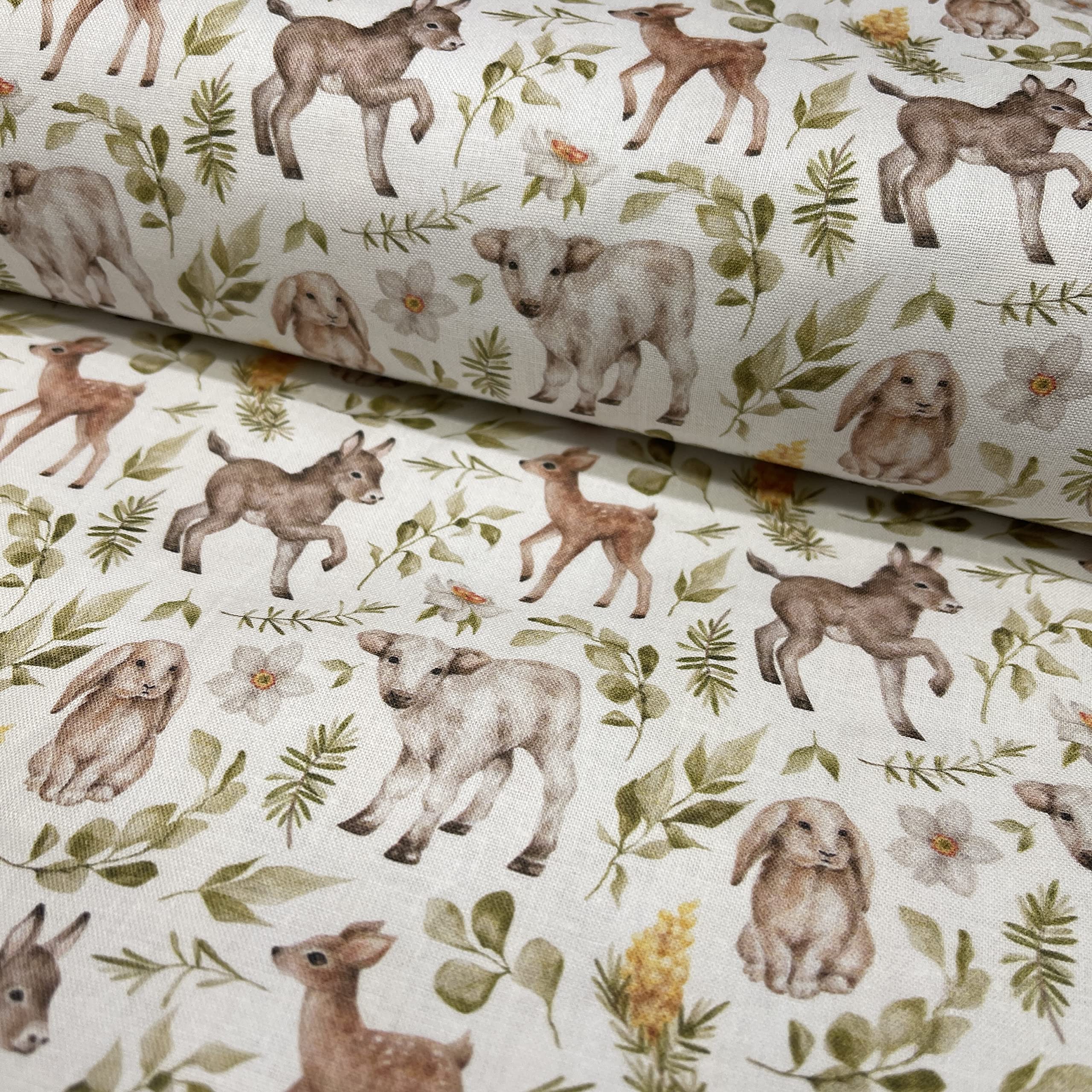 Digital Printed 100% Cotton Quilting Crafting Dressmaking Fabric 110cm Wide (1 Meter Pack, White Forrest Animals)