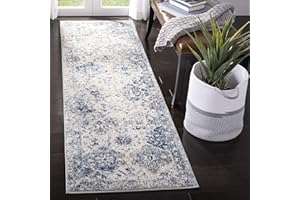 SAFAVIEH Madison Collection Runner Rug - 2'3" x 16', White & Royal Blue, Floral Medallion Distressed Design, Non-Shedding & Easy Care, Ideal for High Traffic Areas in Living Room, Bedroom (MAD611C)