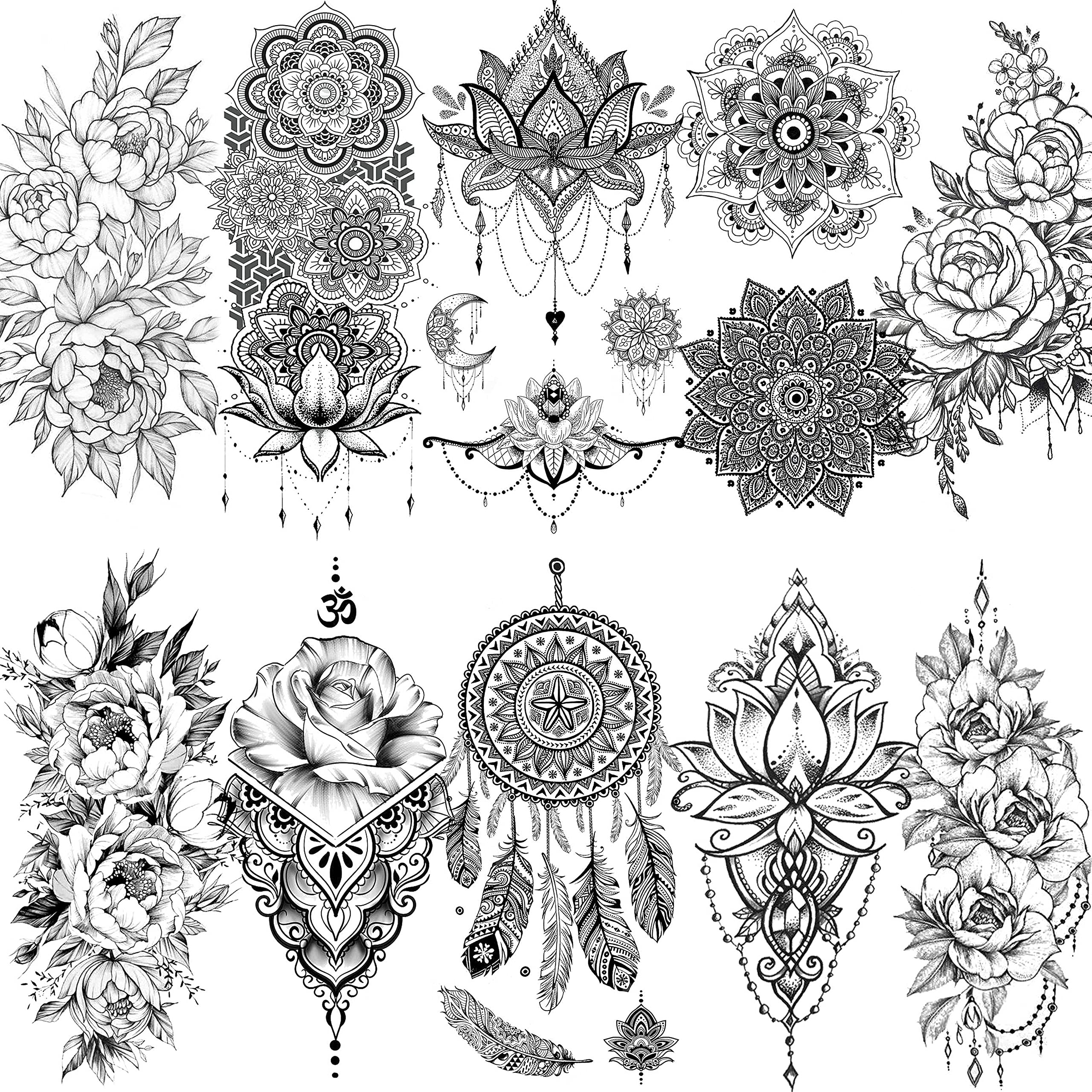 LAROI 10 Sheets Black Indian Lace Temporary Tattoos Flower Mandala Flower DreamCatcher Tattoos Temporary Adults Stickers Peony Girlsboys Body Art Arm Waterproof Tatoo Fake Jewels Wedding Brides