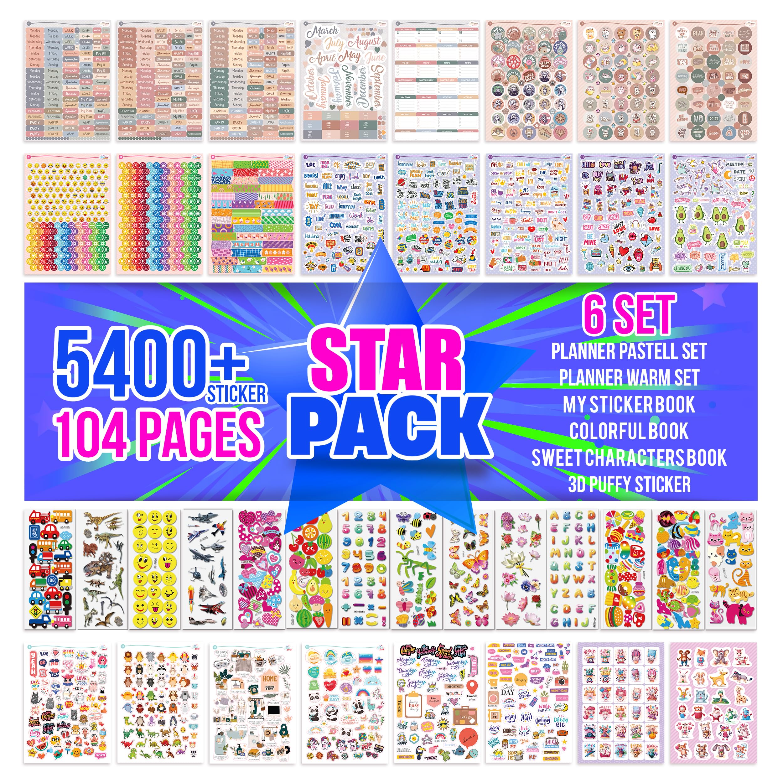 colortouch 3D Stickers, Planner Sticker Set, 5400+ Pcs. 104 Different Sheets 3D Puffy Stickers for Kids, Bullet Journal, Scrapbooking - Adults, Young, Girls, Dinosaurs, Boys Teachers as Gift Reward — image 1