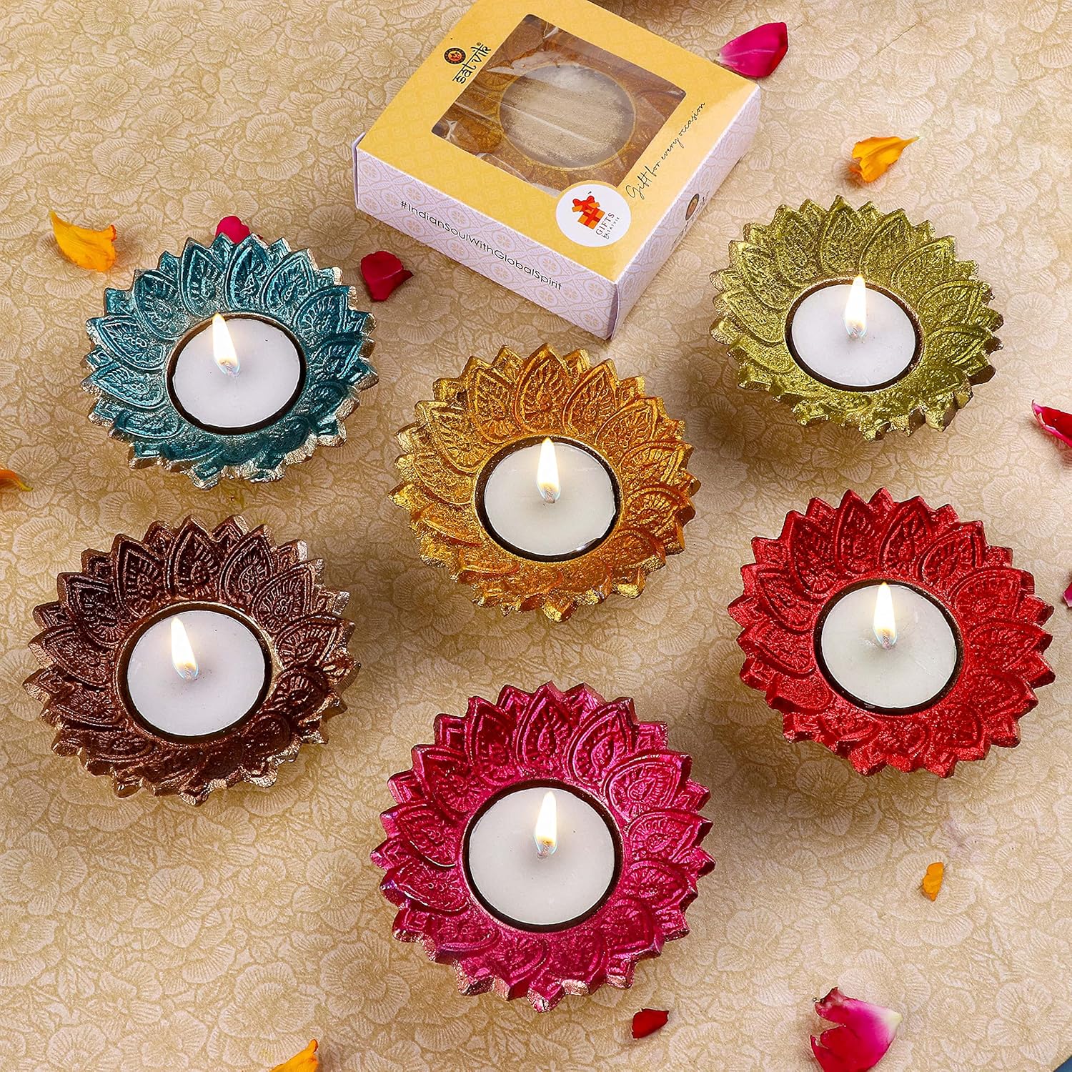 Oil Lamps & Accessories - SATVIK 6 Pc Multicolor Chandrarupa Diya Floral Lotus Flower Shape Candle Tea Light Holder Oil Lamp Diwali Indian Indoor Home Mandir Pujan Pooja Office Temple Decor Dia Housewarming Return Gift Items