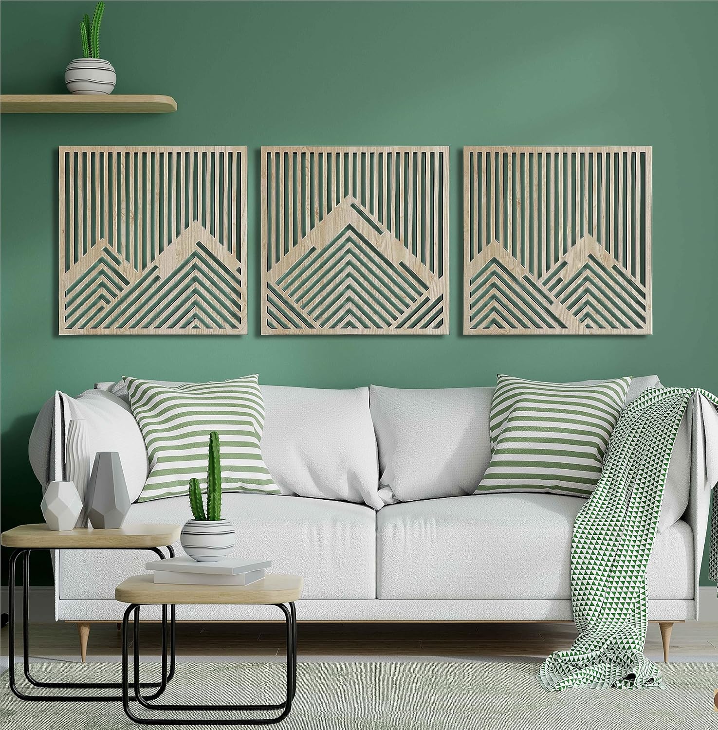 Mixed Media - Geometric mountain wood wall art decor, 3 piece mountain wooden wall decoration, Large geometric wall art