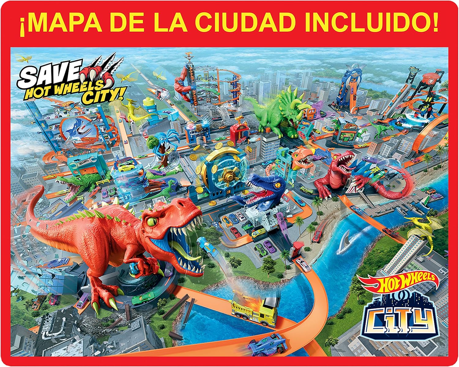 Hot Wheels City T-Rex Devorador Destructor, Pista de Coches de Juguete con Dinosaurio (Mattel GWT32), multicolor, única GFH88, Embalaje estándar: Amazon.es: Juguetes y juegos