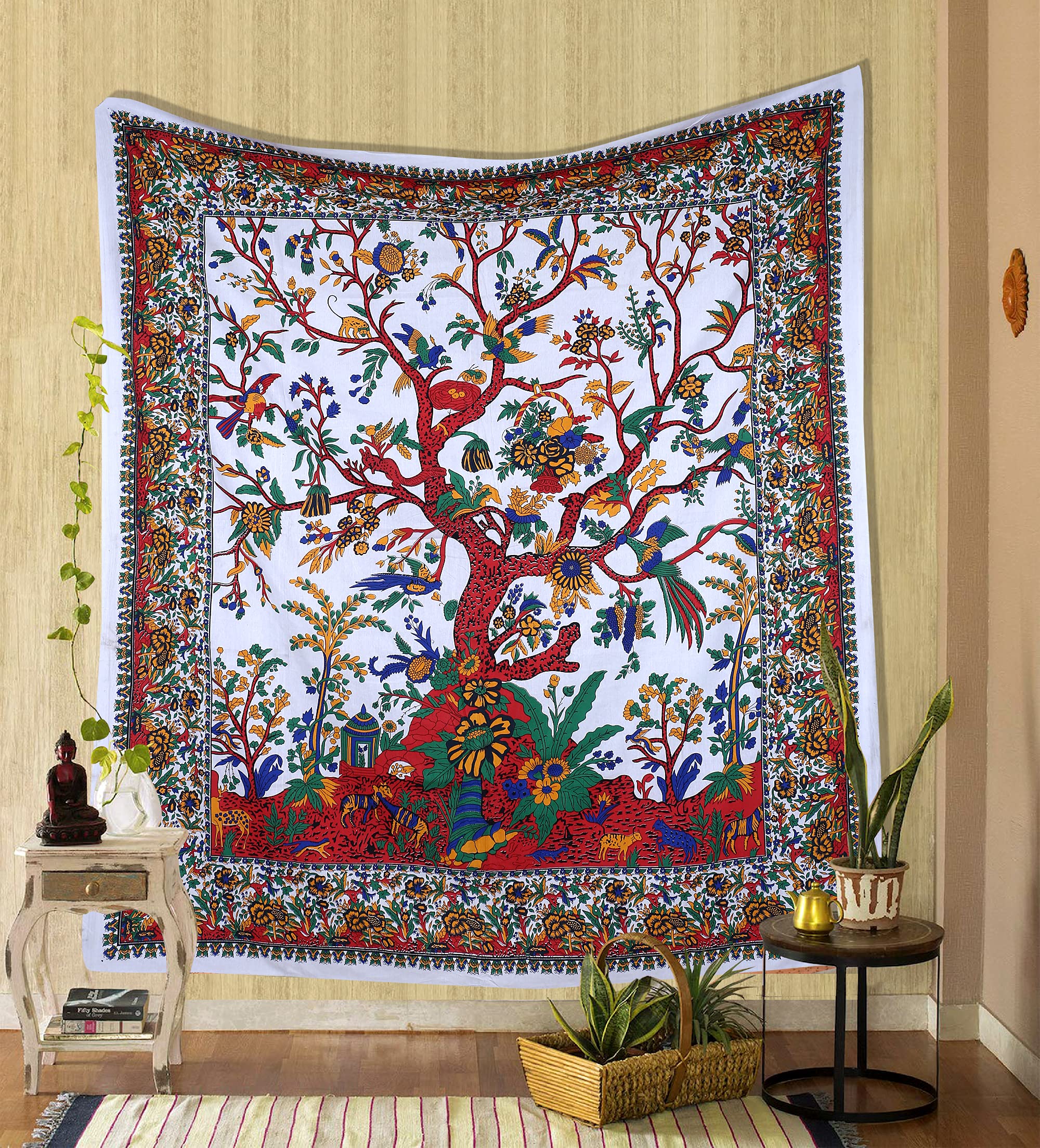 THE ART BOX Tree of Life Wall Hanging Tapestry White – 85x90 Inch Indian Cotton Large Forest-Inspired Plant Bedspread for Living Room or Bedroom