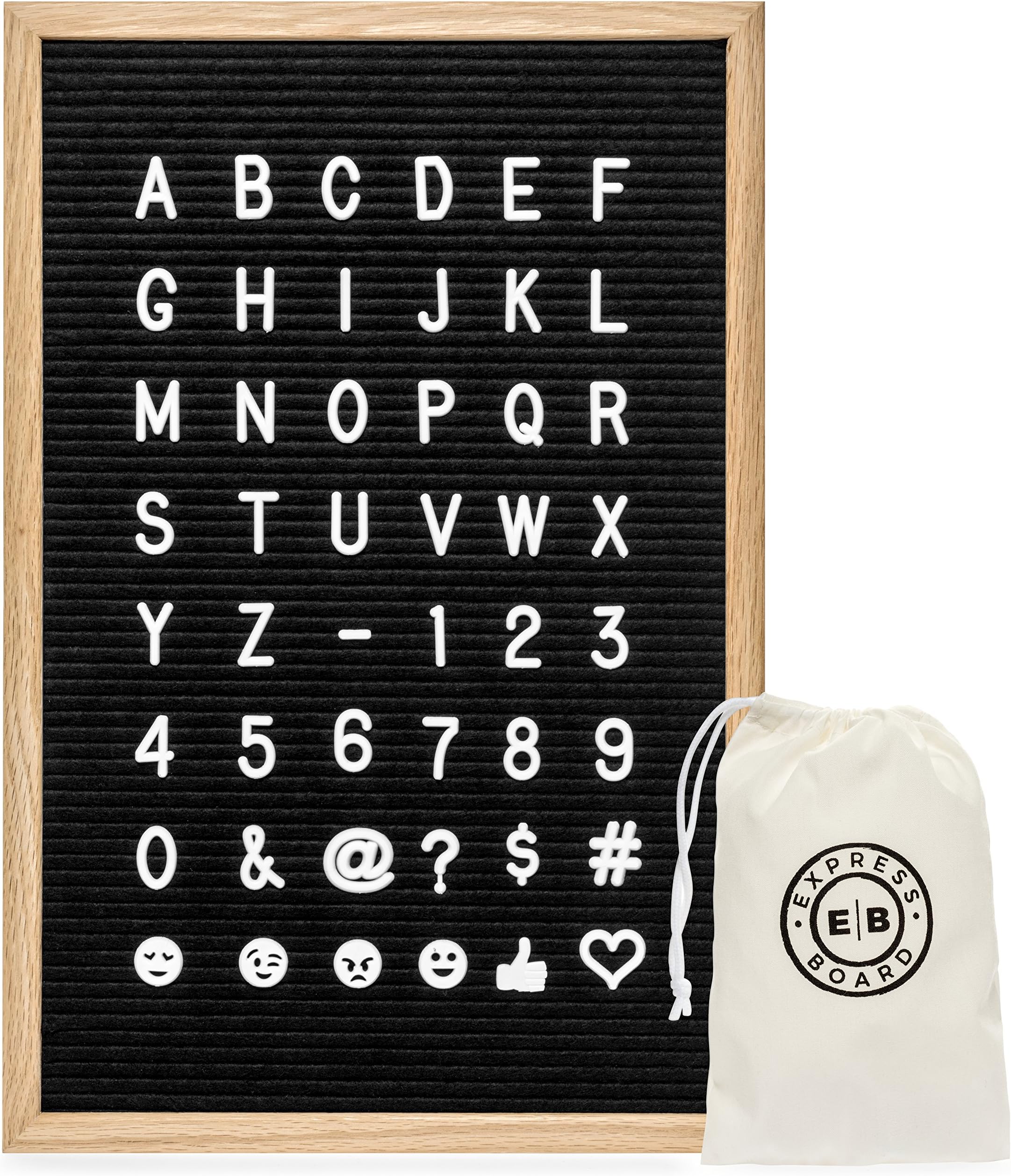 Felt Letter Board 12x18 Inch. Black Changeable Letter Board. 700 White Plastic Letters and Emojis: 1 and 3/4 Inch Letters. Includes 2 Cloth Bags (12" x 18" Oak Frame)