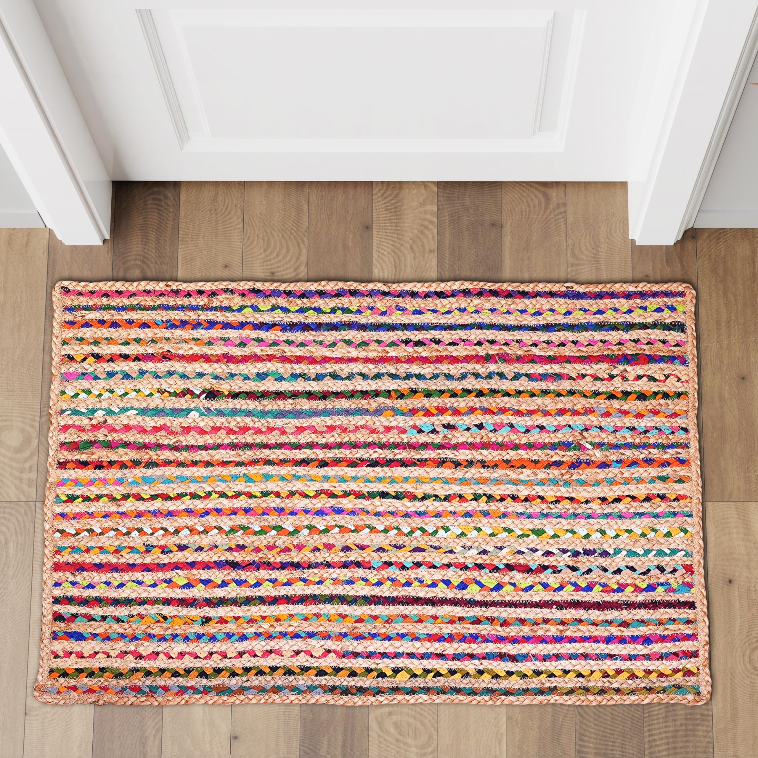 Photo 1 of Hausattire Bohemian Braided Rug 2'x3' - Multi Color, Small Farmhouse Jute Cotton Area Rag Rugs for Entryway, Kids Playroom, Front Door | Colorful Hand Woven Reversible Accent Mat - 24x36 Inch