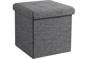 Ornavo Home Foldable Tufted Linen Storage Ottoman Square Cube Foot Rest Stool/Seat - 15" x 15" x 15" (Charcoal)