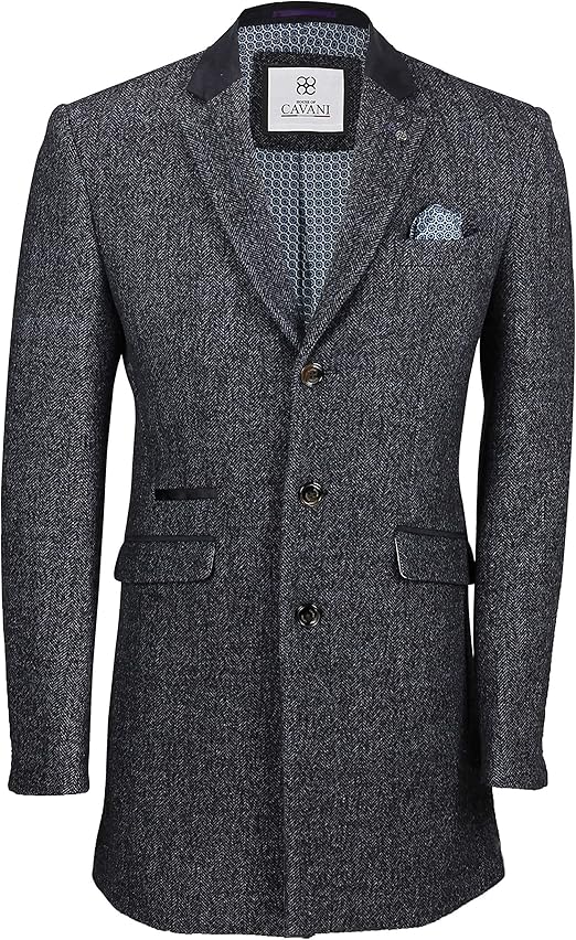 Mens Vintage Navy Blue Herringbone Tweed 3/4 Long Wool Overcoat Winter