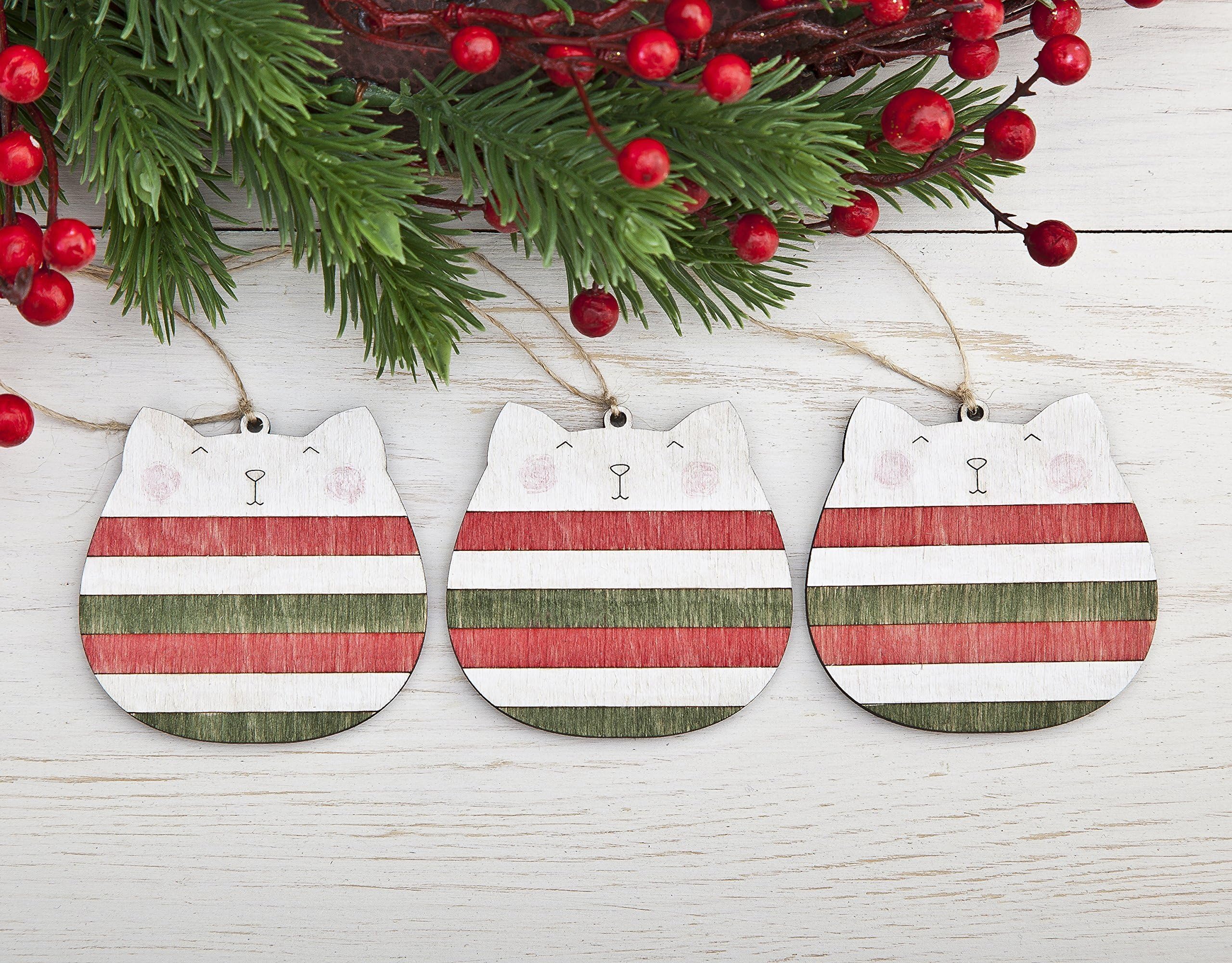 Cute Cat Tree Toys Set of 3, Christmas Ornaments, Wooden Tree Decorations