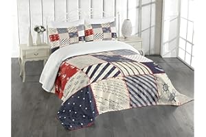 Lunarable Nautical Bedspread, Maritime and Marine Life Design Vintage Sailor Knot Anchor Motifs, Decorative Quilted 3 Piece Coverlet Set with 2 Pillow Shams, Queen Size, Vermilion Blue