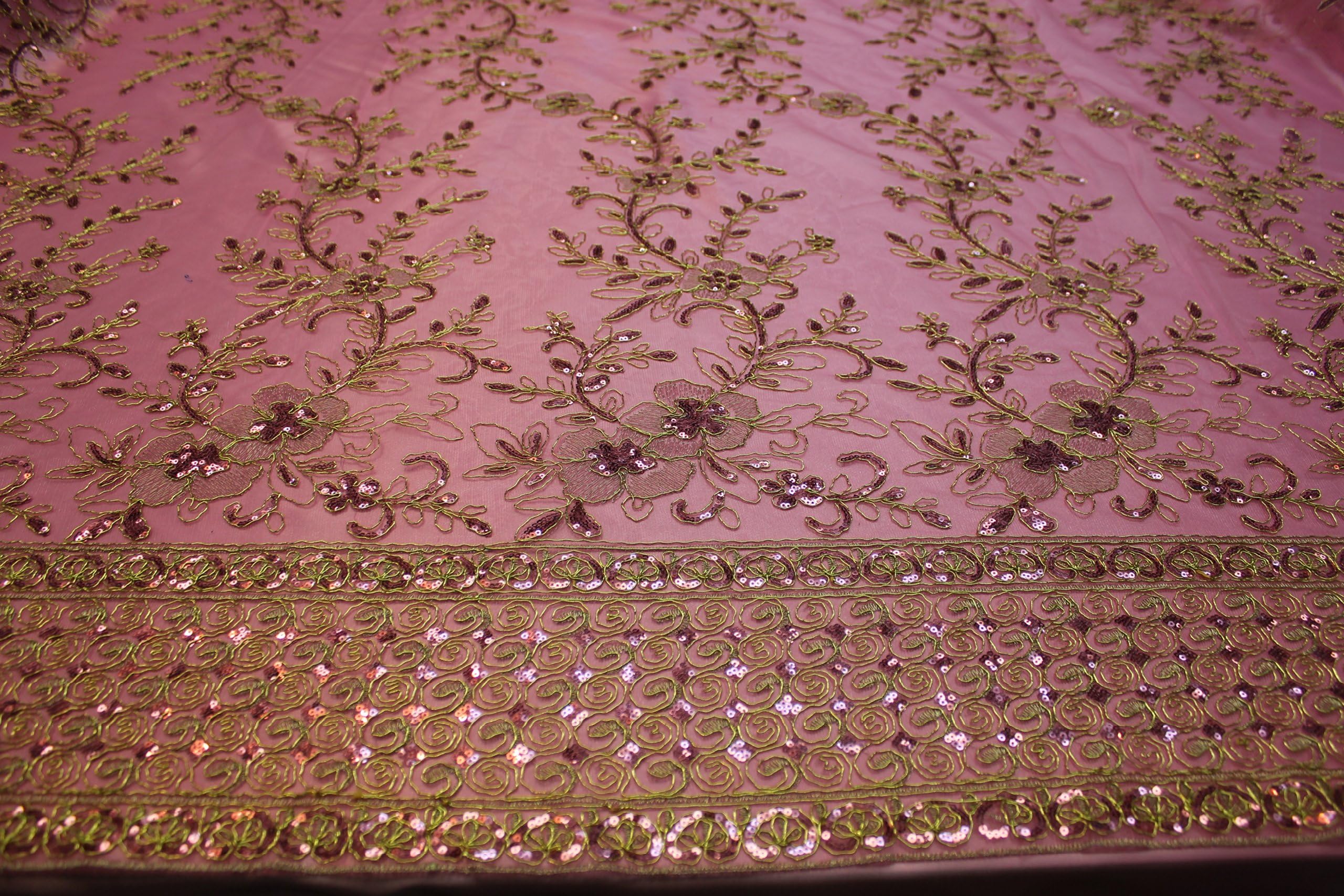Candy Pink Fancy Embroidery Lace Textile on Mesh, Flower Design Fancy Fabric with Double Side Border and Sequins