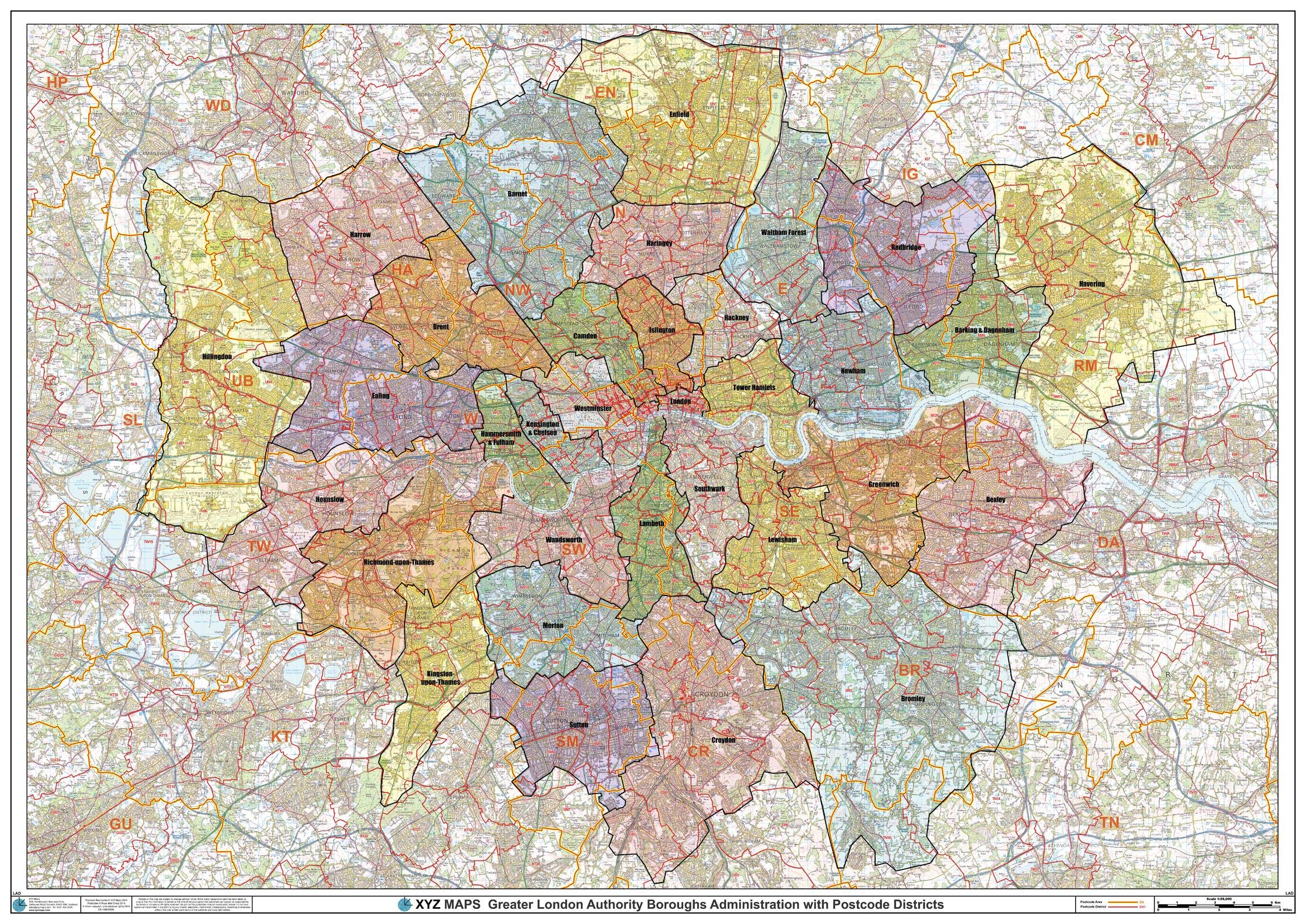 Greater London Authority Boroughs with Postcode Districts Wall Map - 47" x 33.25" Matte Plastic