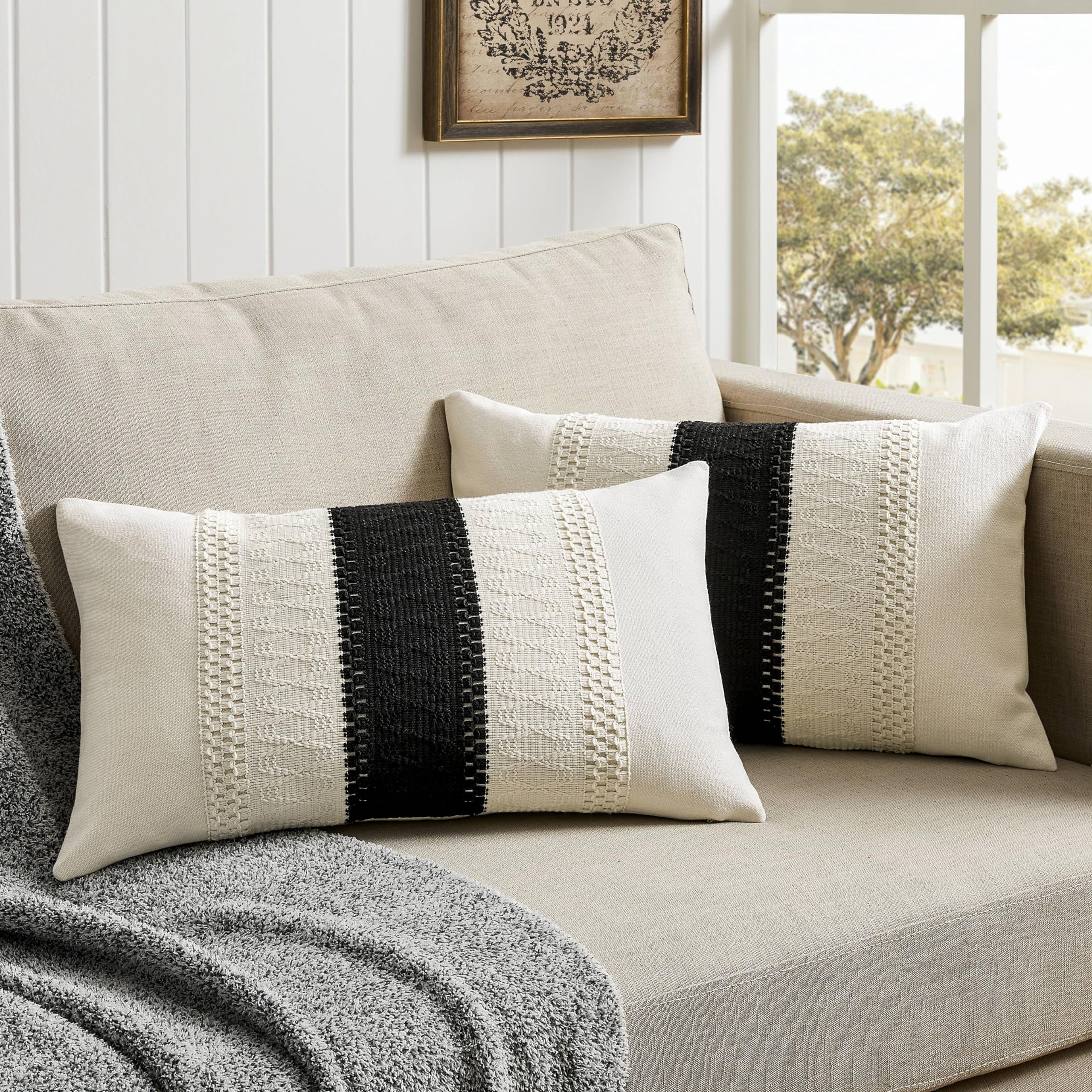 Photo 1 of ZeeMart 2 Packs Cotton Boho Lumbar Throw Pillow Covers 12x20 Inch Contrast Black, Soft Farmhouse Decorative Couch Pillow Cases Black Cushion Covers for Sofa Bed Living Room Home Decor