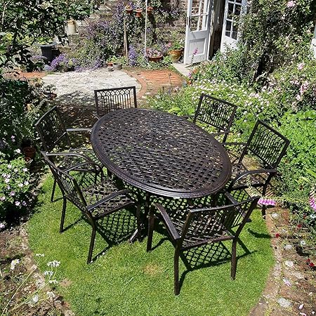 Lazy Susan - NICOLE 180 x 115 cm Ovaler Gartentisch mit 6 Stühlen - Gartenmöbel Set aus Metall, Antik Bronze (MARY Stühle)