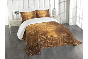 Lunarable Egyptian Print Bedspread, Egypt Hieroglyphics Old Logographic Details Alphabetic Elements, Decorative Quilted 3 Piece Coverlet Set with 2 Pillow Shams, King Size, Coffee Brown