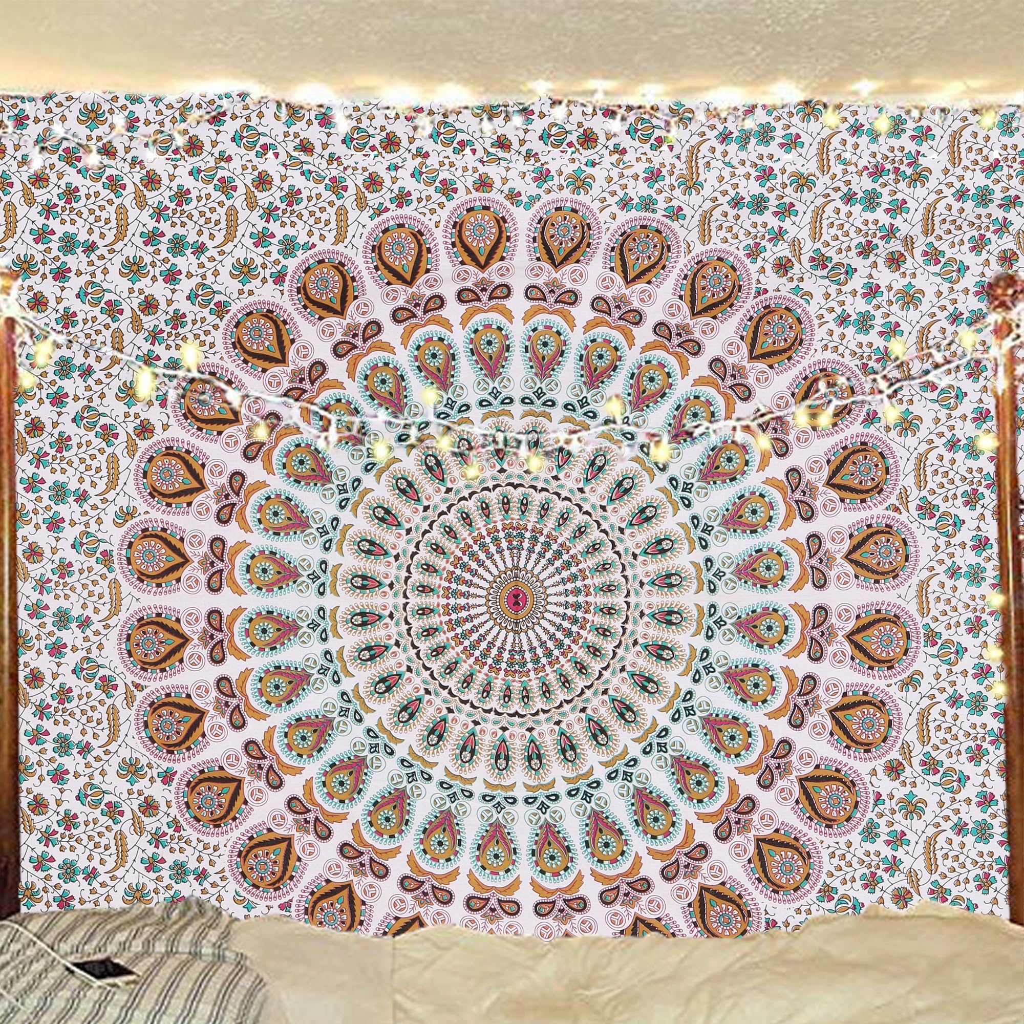 Bless International Indian hippie Bohemian Psychedelic Peacock Mandala Wall hanging Bedding Tapestry (Floral Gold, Twin (54x72Inches)(140x185cms))