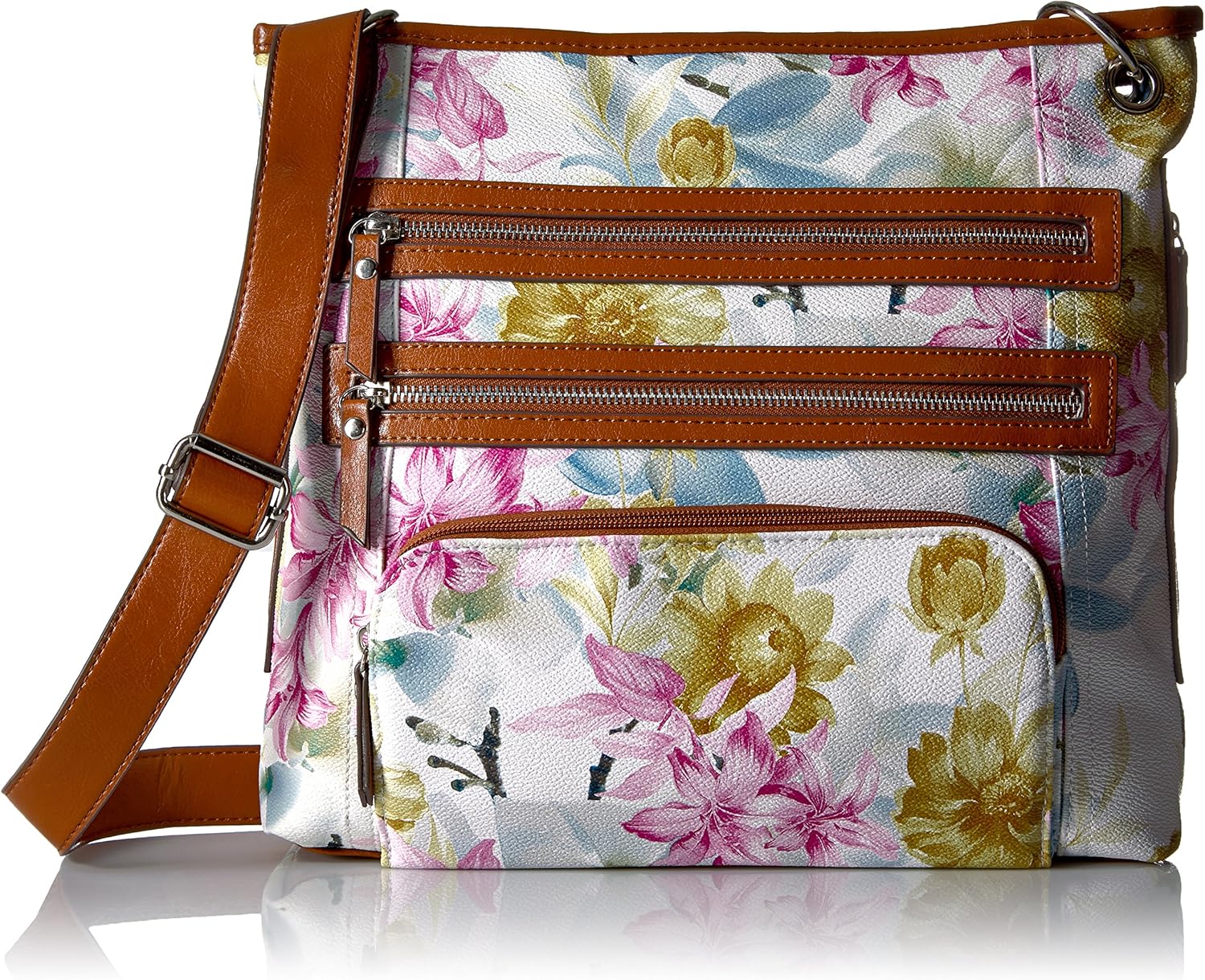 Bueno of California Printed Triple Zip Crossbody 4, Blue/Yellow Flower