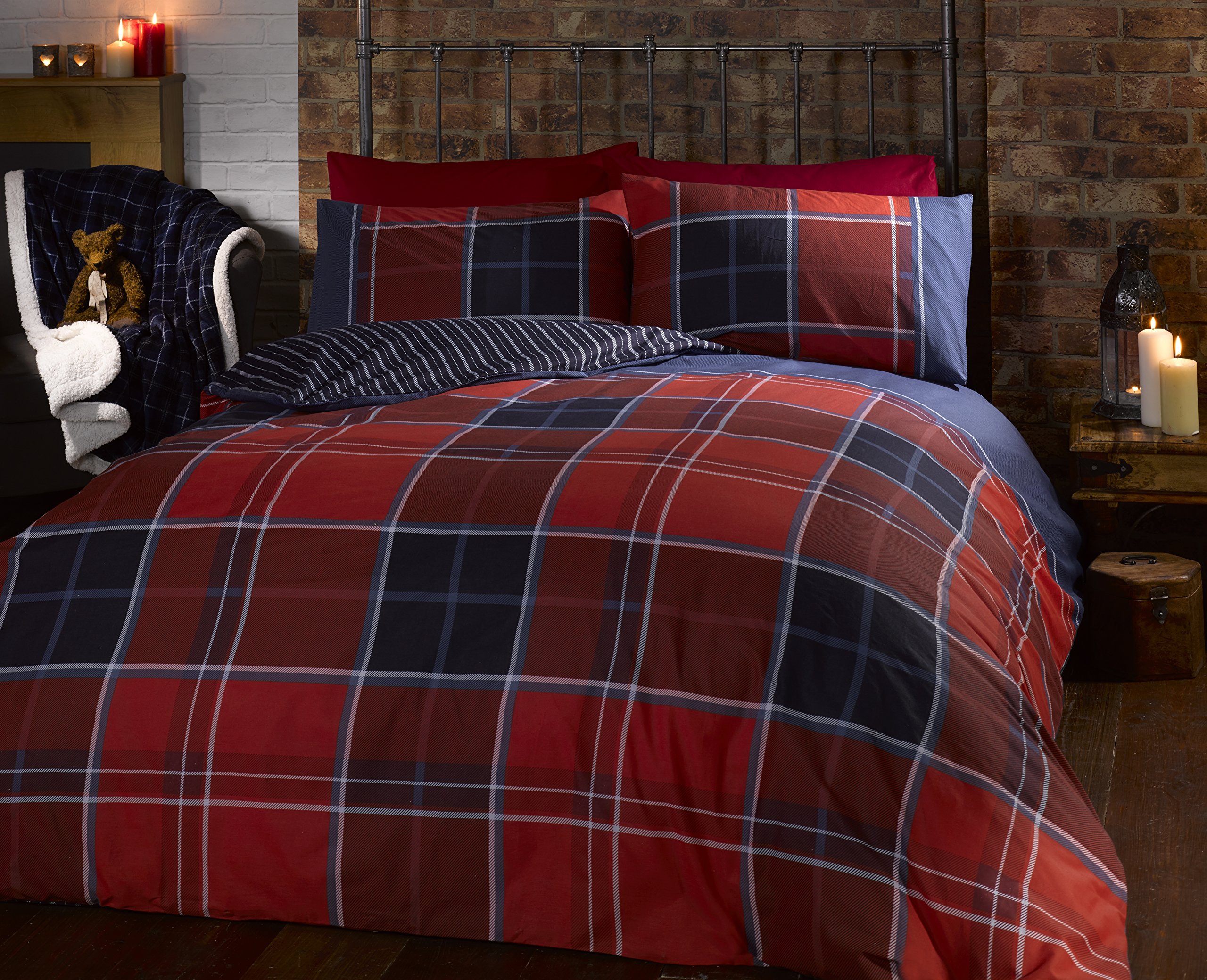 Argyle King Size Quilt Duvet Cover and 2 Pillowcase Reversible Bedding Bed Set, Tartan Check - Red