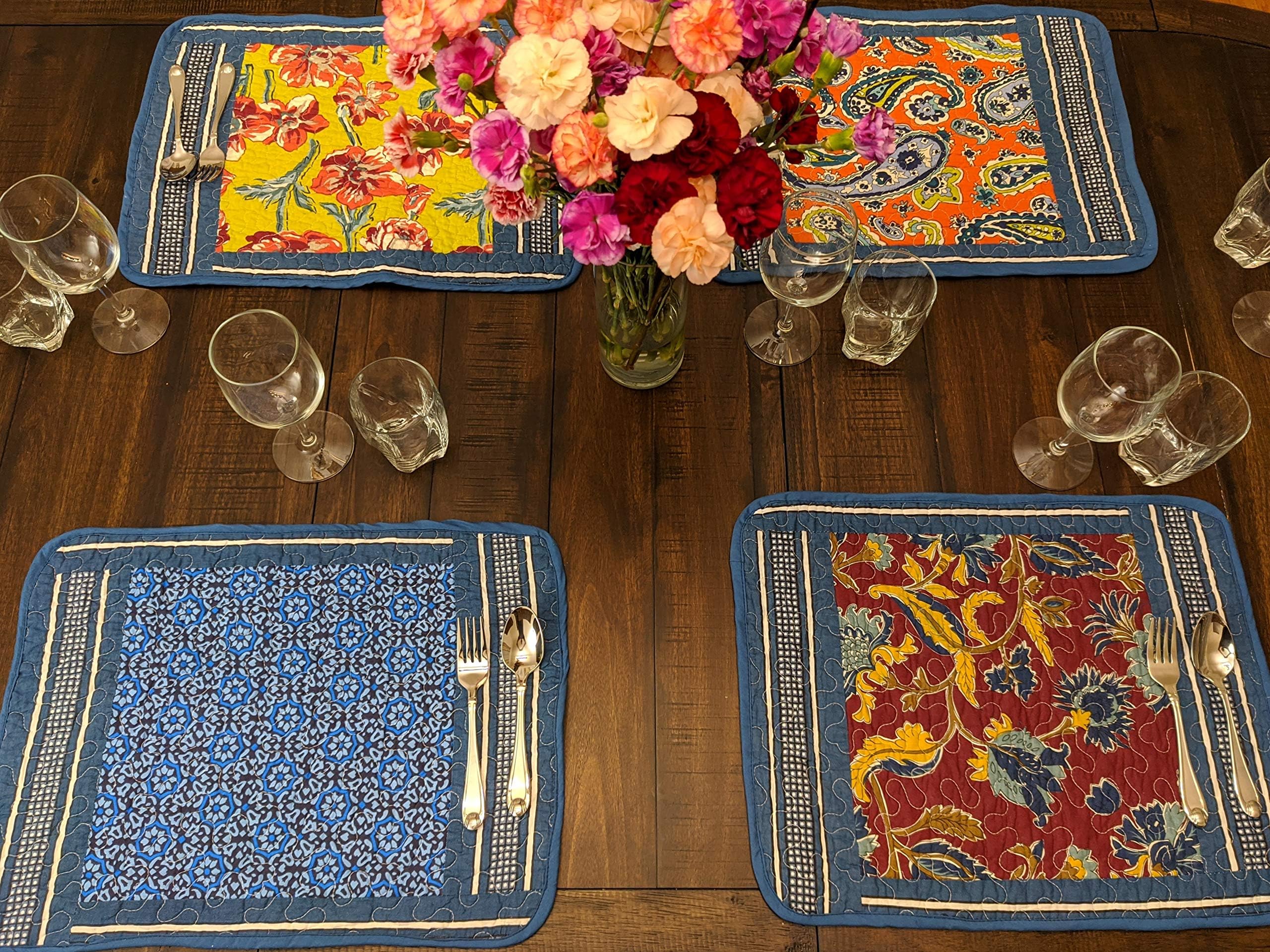 DaDa Bedding Hand-Made in USA Cotton Bohemian Quilted Placemats - Set of 6-Pieces Midnight Ocean Blue Paisley Floral - Patchwork Decorative Linen Kitchen Dining Table Mats