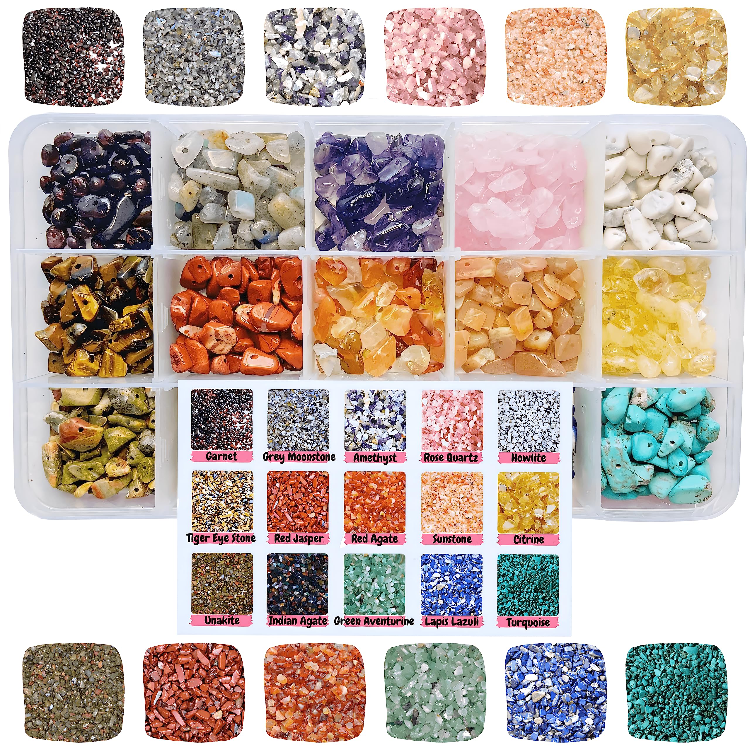 Hessle Cliff 15 Colour Crystal Beads for Jewellery Making – 5-8mm Natural Gemstone Chips Kit – Pre-Drilled Stone Beads for Bracelets, Crafts & DIY Gifts