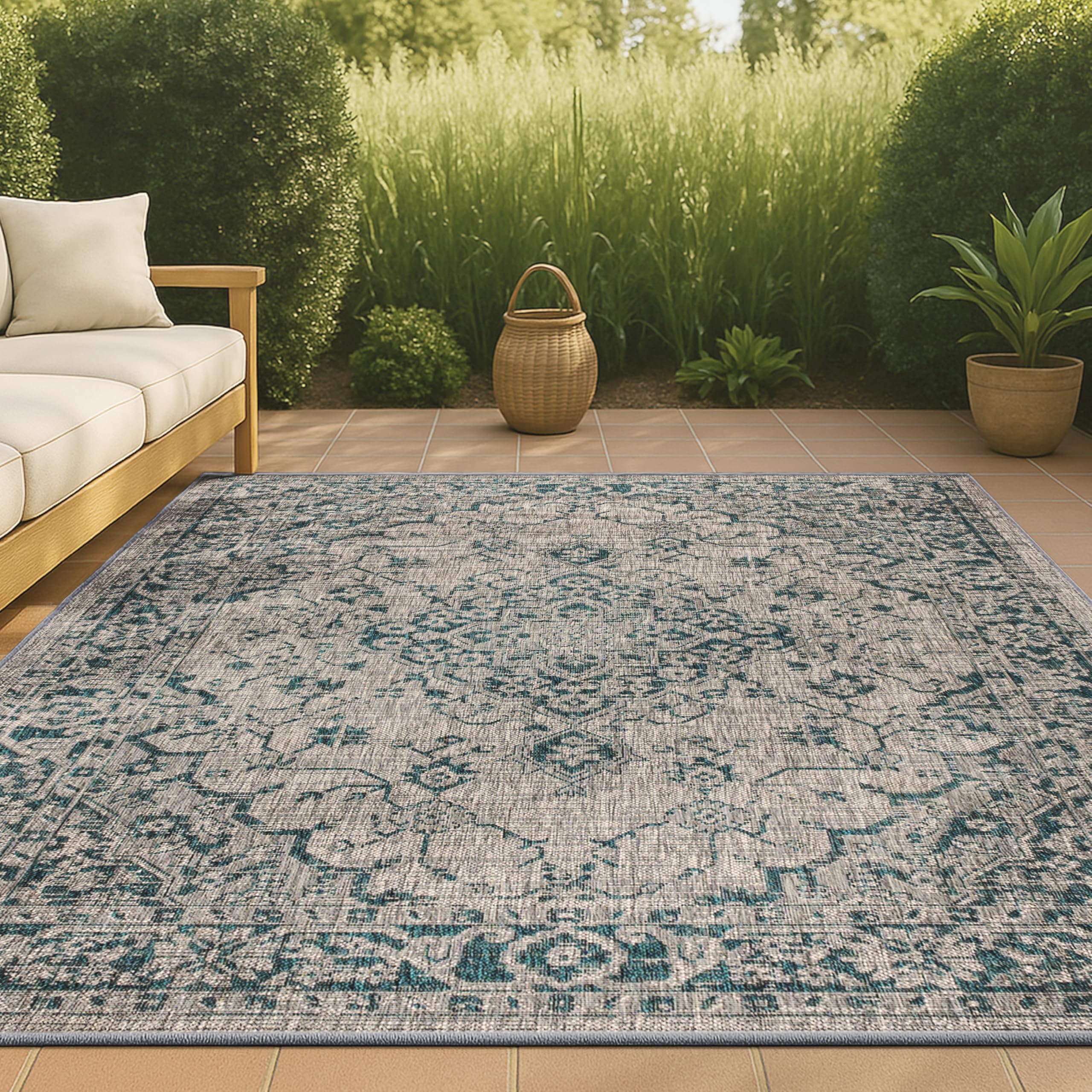 JONATHAN Y Boho Medallion Indoor Outdoor Area Rug 9X12 Gray/Teal, Rozetta Textured Weave for Backyard, Patio, Porch, Easy-Cleaning, High Traffic, Pet-Friendly, Non-Shedding (SMB102C-9) Image JONATHAN Y Boho Medallion Indoor Outdoor Area Rug 9X12 Gray/Teal, Rozetta Textured Weave for Backyard, Patio, Porch, Easy-Cleaning, High Traffic, Pet-Friendly, Non-Shedding (SMB102C-9) Image