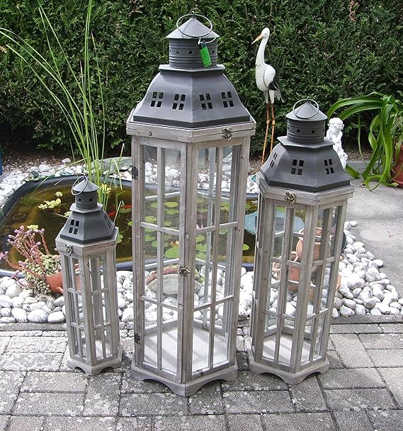 3 er Set riesige 6 eck Holzlaternen grau mit Metalldach 60-104cm Super