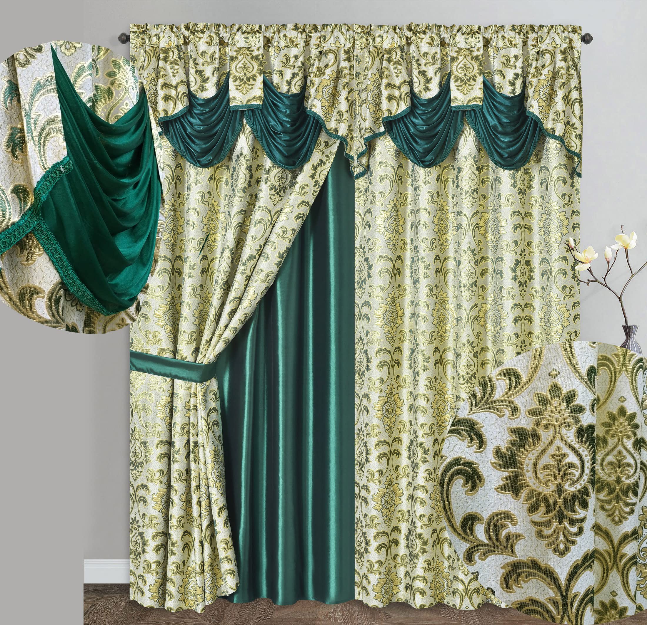 GOHD Samba Star. Jacquard Window Curtain Panel Drape with Attached Fancy Valance and taffeta backing. 2pcs Set. Each pc 54" Wide x 90" Drop with 18" Valance. (HUNTER GREEN) — image 1