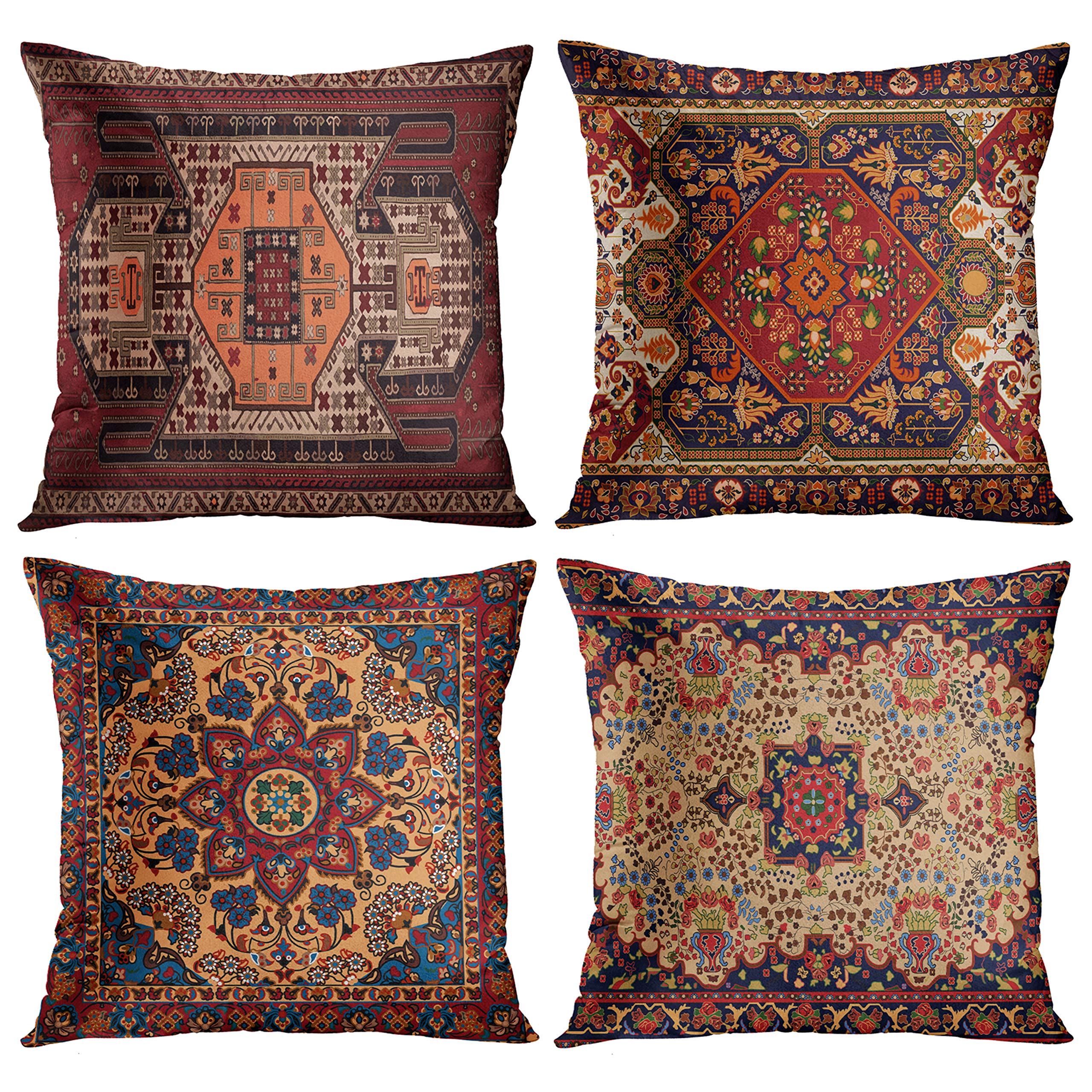 Photo 1 of *****PARTIAL SET/ ONLY 3**** Emvency Set of 4 Throw Pillow Covers Tribal Abstract Dark Red and Yellow Vintage Carpet Pattern Decorative Pillow Cases Home Decor Standard Square 18x18 Inches Pillowcases