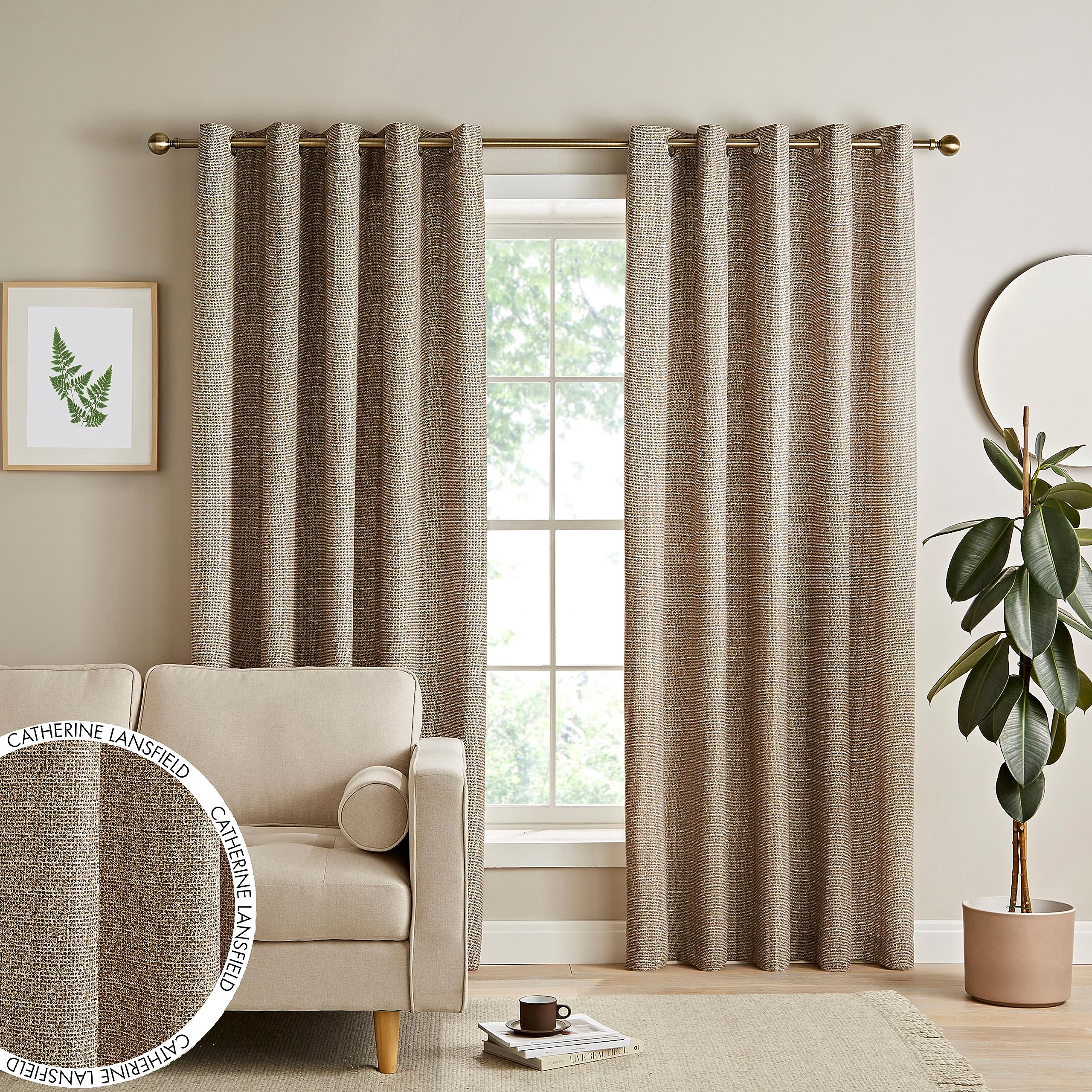 Catherine Lansfield Textured Thermal Insulating 66x54 Inch Eyelet Curtains Two Panels Natural
