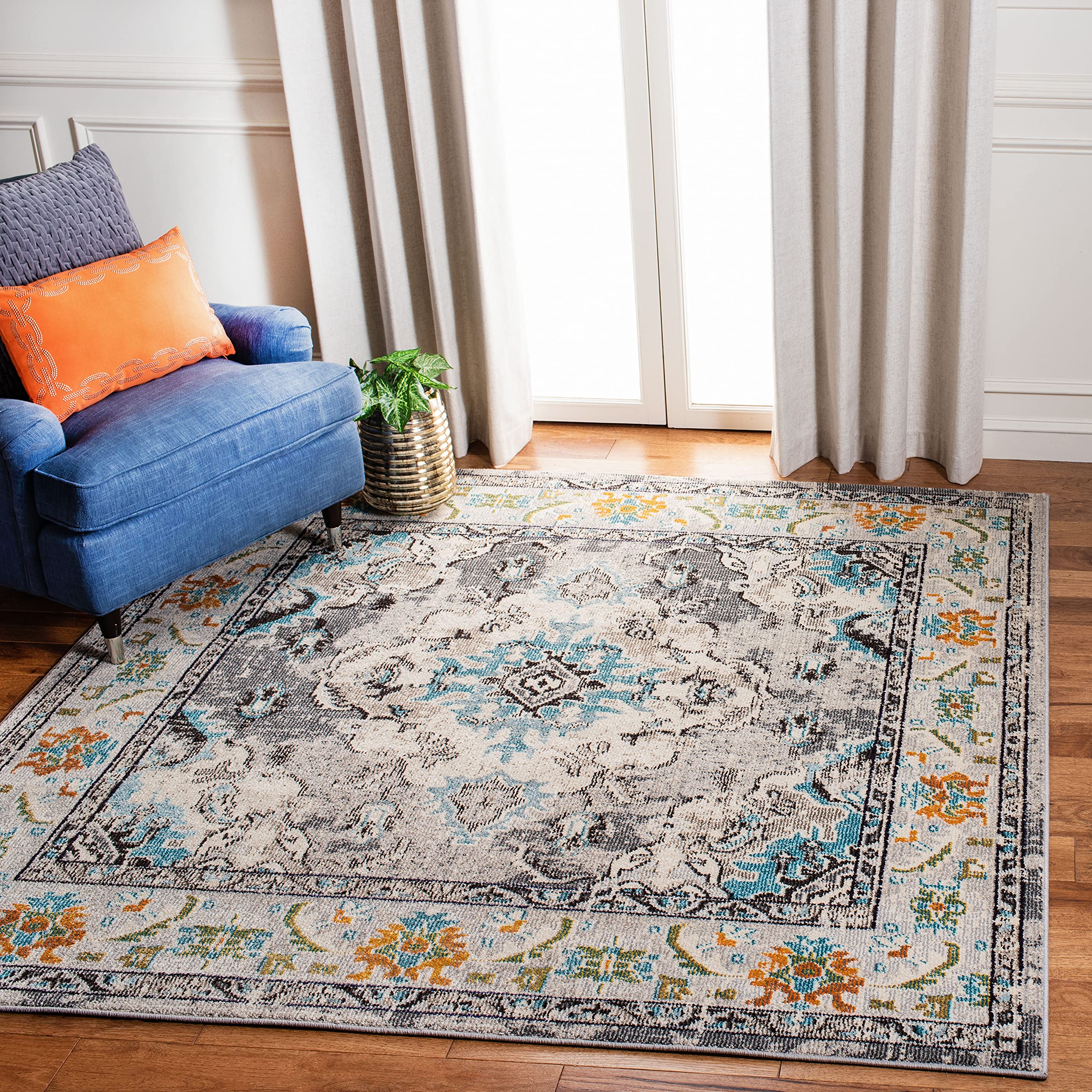 SAFAVIEH Monaco Collection Area Rug - 8'8" Square, Grey & Light Blue, Boho Chic Medallion Distressed Design, Non-Shedding & Easy Care, Ideal for High Traffic Areas in Living Room, Bedroom (MNC243G) Image