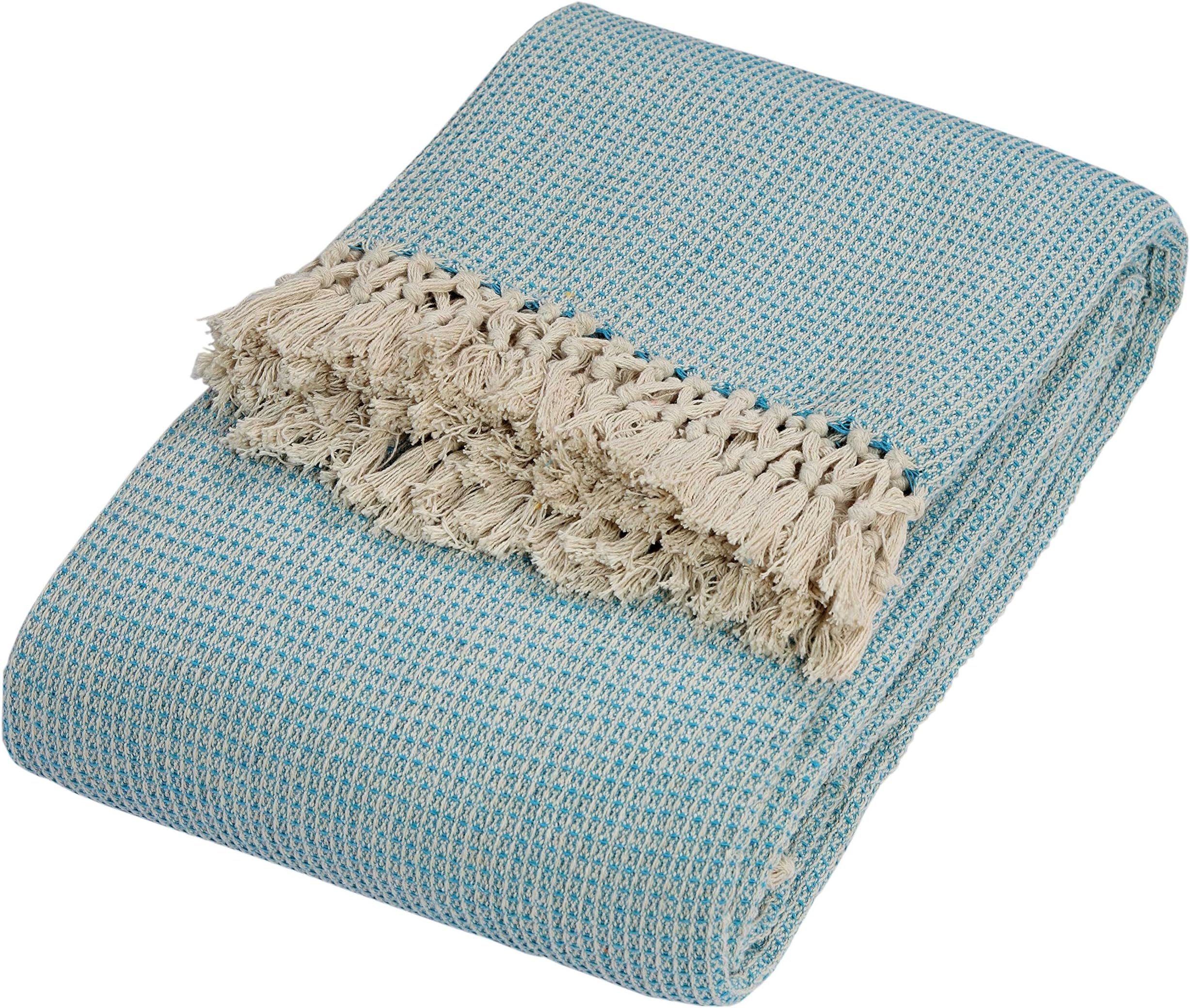 Honeycomb waffle Cotton Throws (Two-Tone) (Teal / Natural, 90"x100")