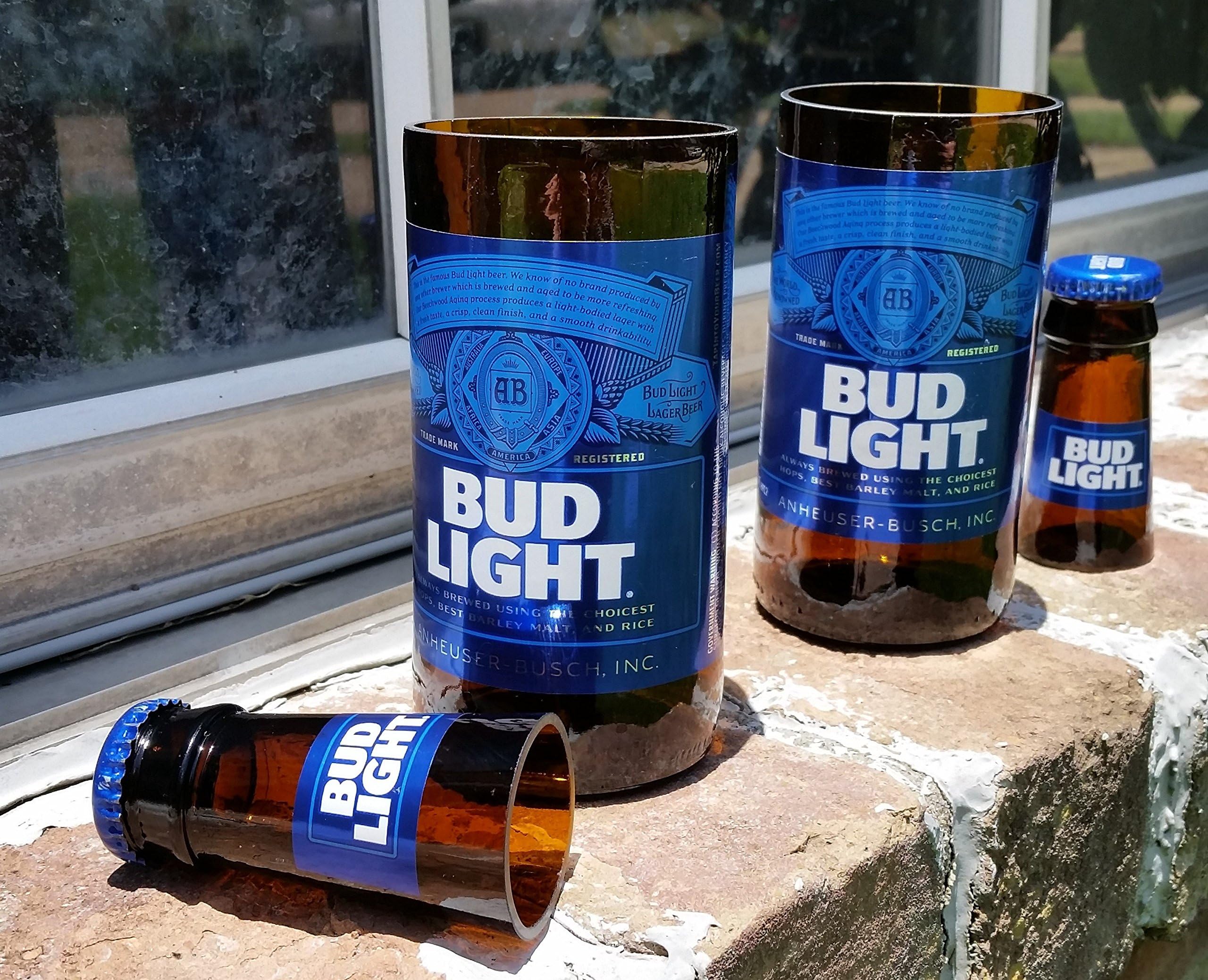 Set of 2 upcycled Bud Light glasses and 2 shot glasses